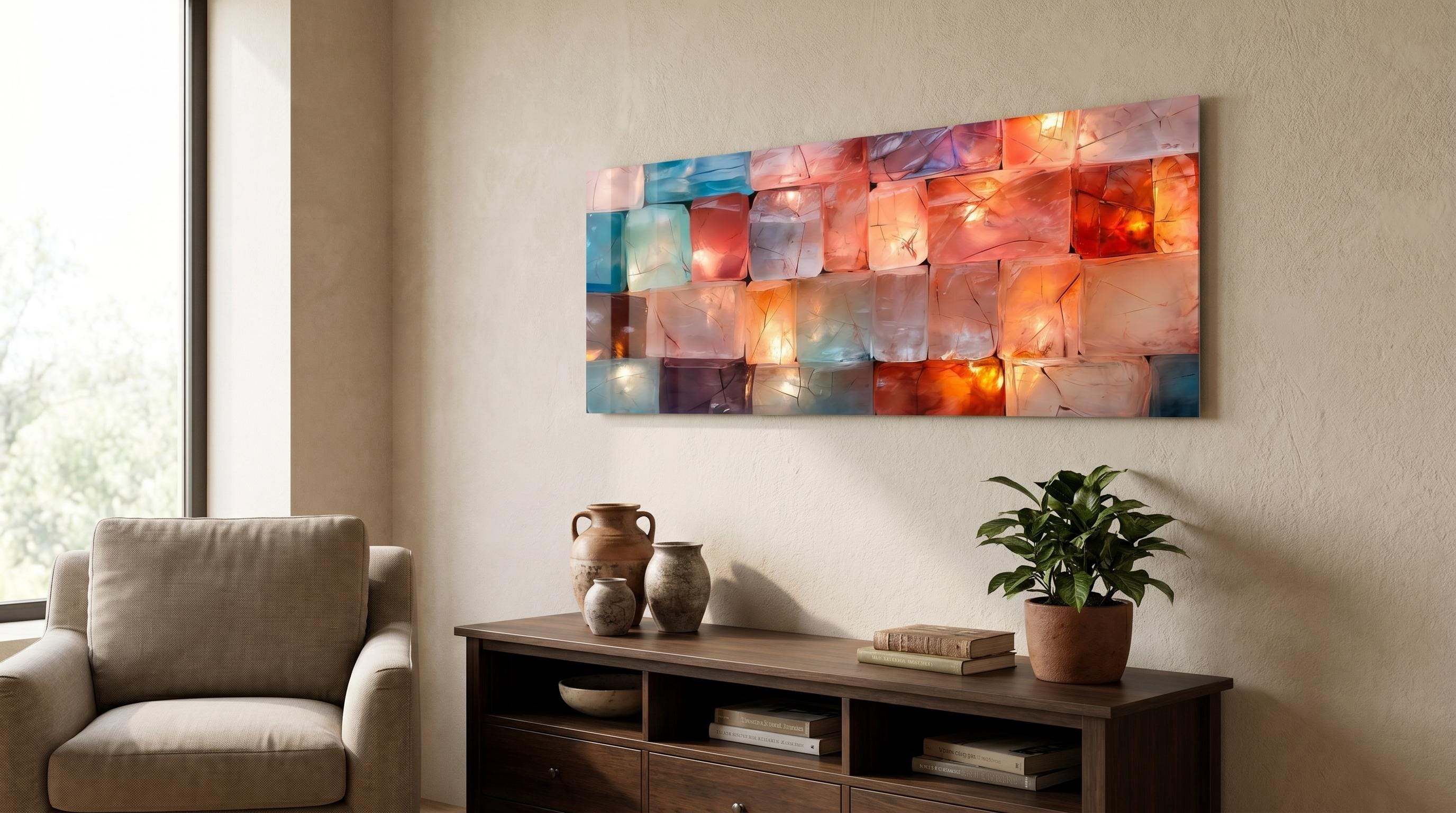 3D Acrylic Wall Art "CrystalForge" – Oversized Panoramic Above Bed Decor with Light Play Effect