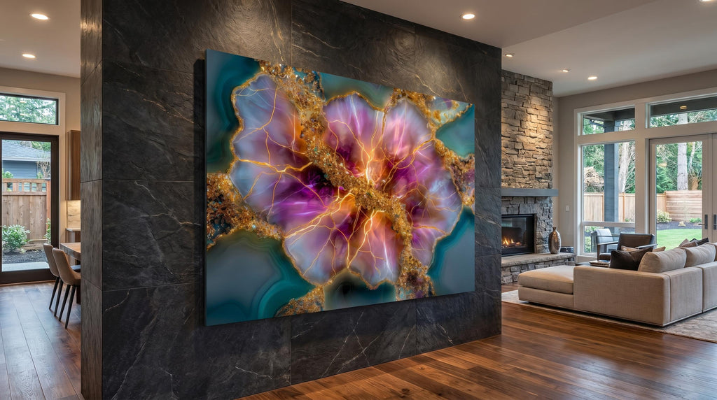 Rose Quartz Bloom & Amethyst Geode Crystal AcrylGlass Wall Art, Gold Abstract Luxury Decor