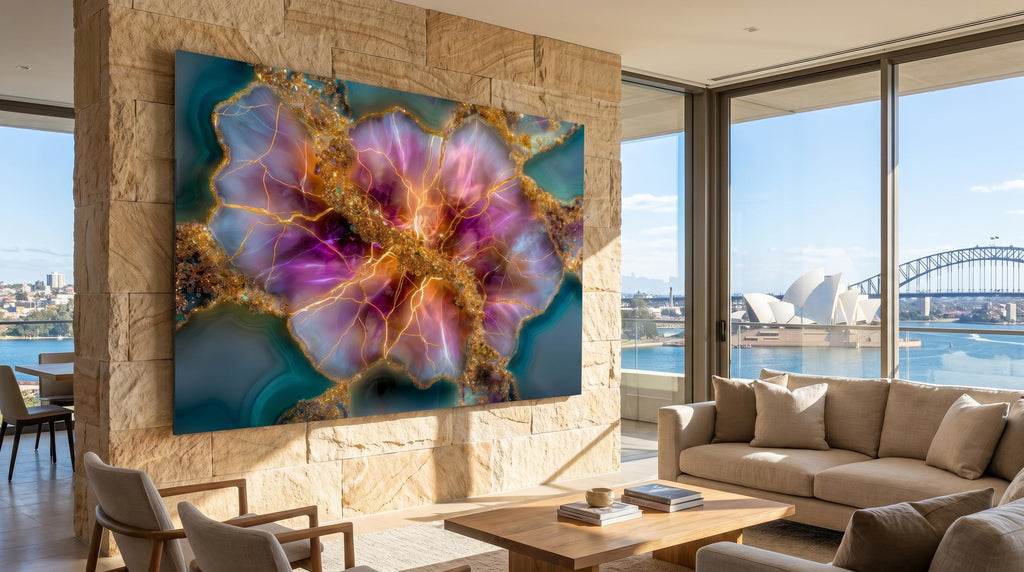 Rose Quartz Bloom & Amethyst Geode Crystal AcrylGlass Wall Art, Gold Abstract Luxury Decor