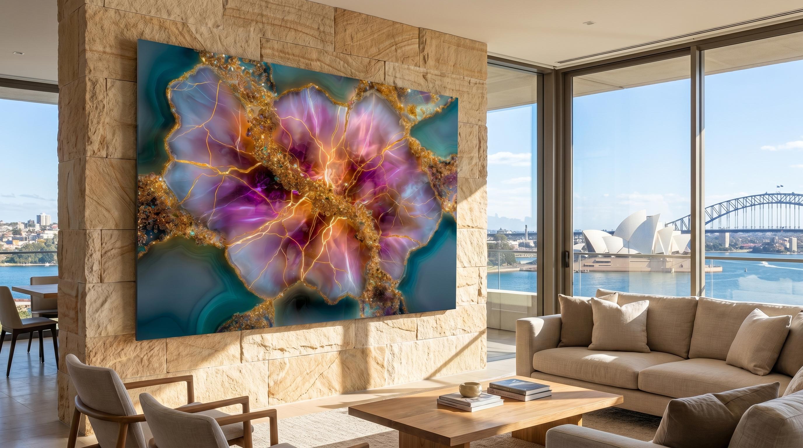 Rose Quartz Bloom & Amethyst Geode Crystal AcrylGlass Wall Art, Gold Abstract Luxury Decor