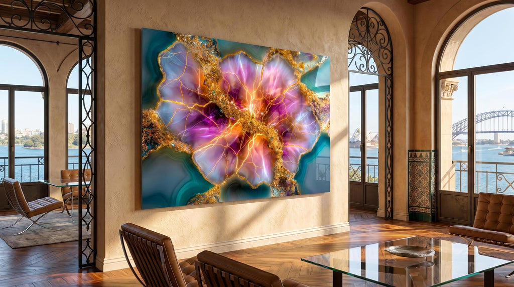 Rose Quartz Bloom & Amethyst Geode Crystal AcrylGlass Wall Art, Gold Abstract Luxury Decor