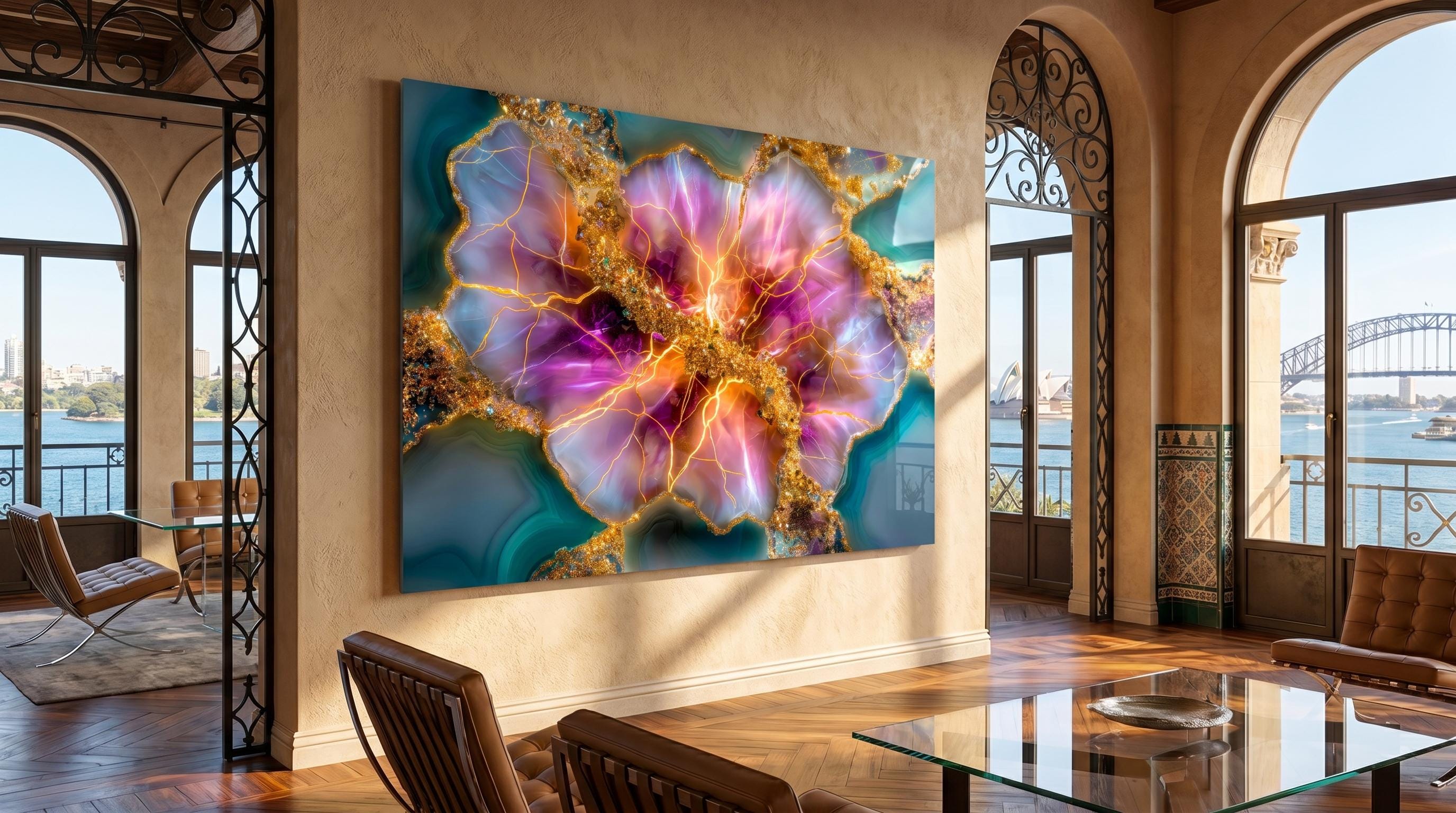 Rose Quartz Bloom & Amethyst Geode Crystal AcrylGlass Wall Art, Gold Abstract Luxury Decor