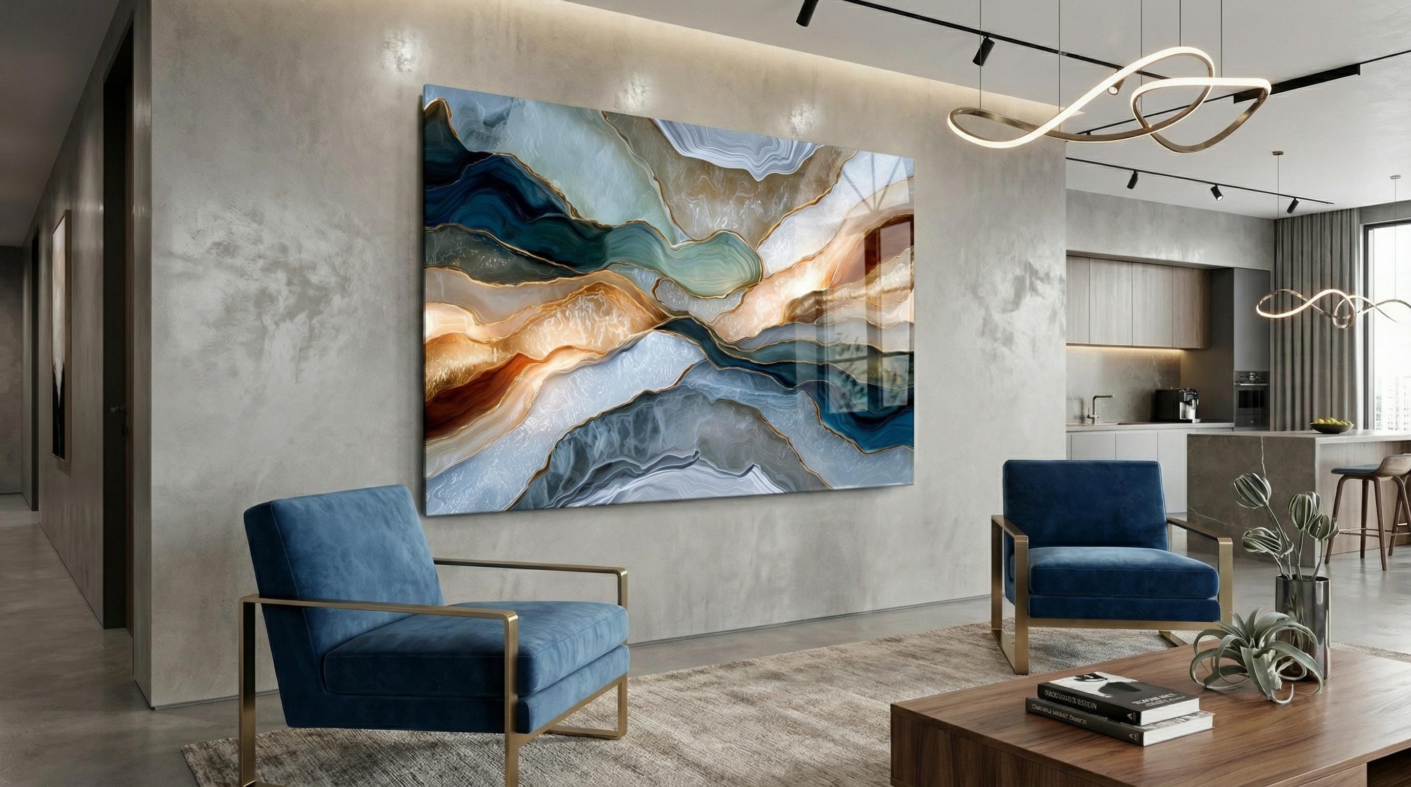 Navy Gold Agate Crystal AcrylGlass Wall Art, Executive Office and Boardroom Decor