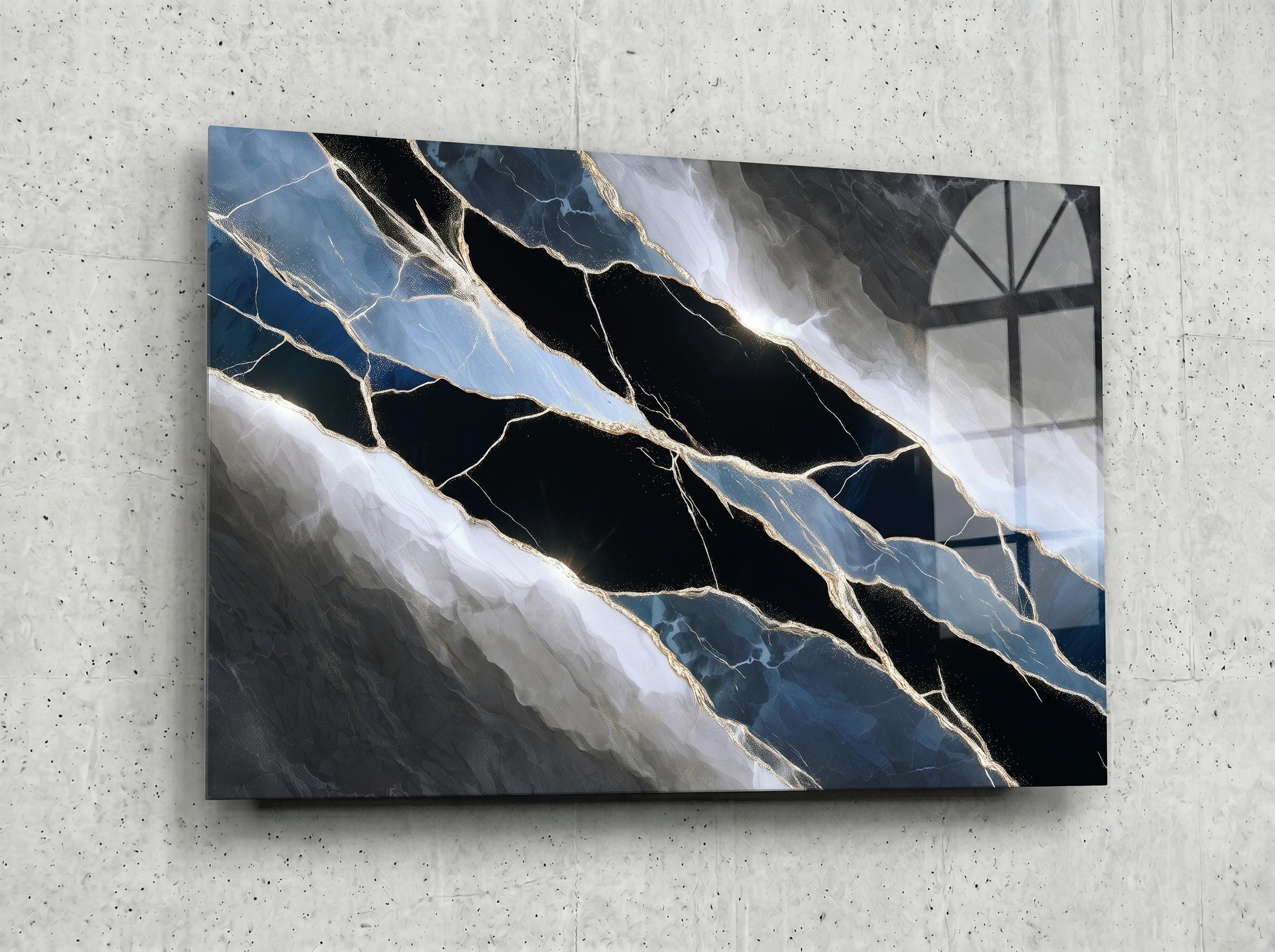 Midnight Quartz Meridian – Black Blue Crystal Acrylic Wall Art for Boardroom Decor