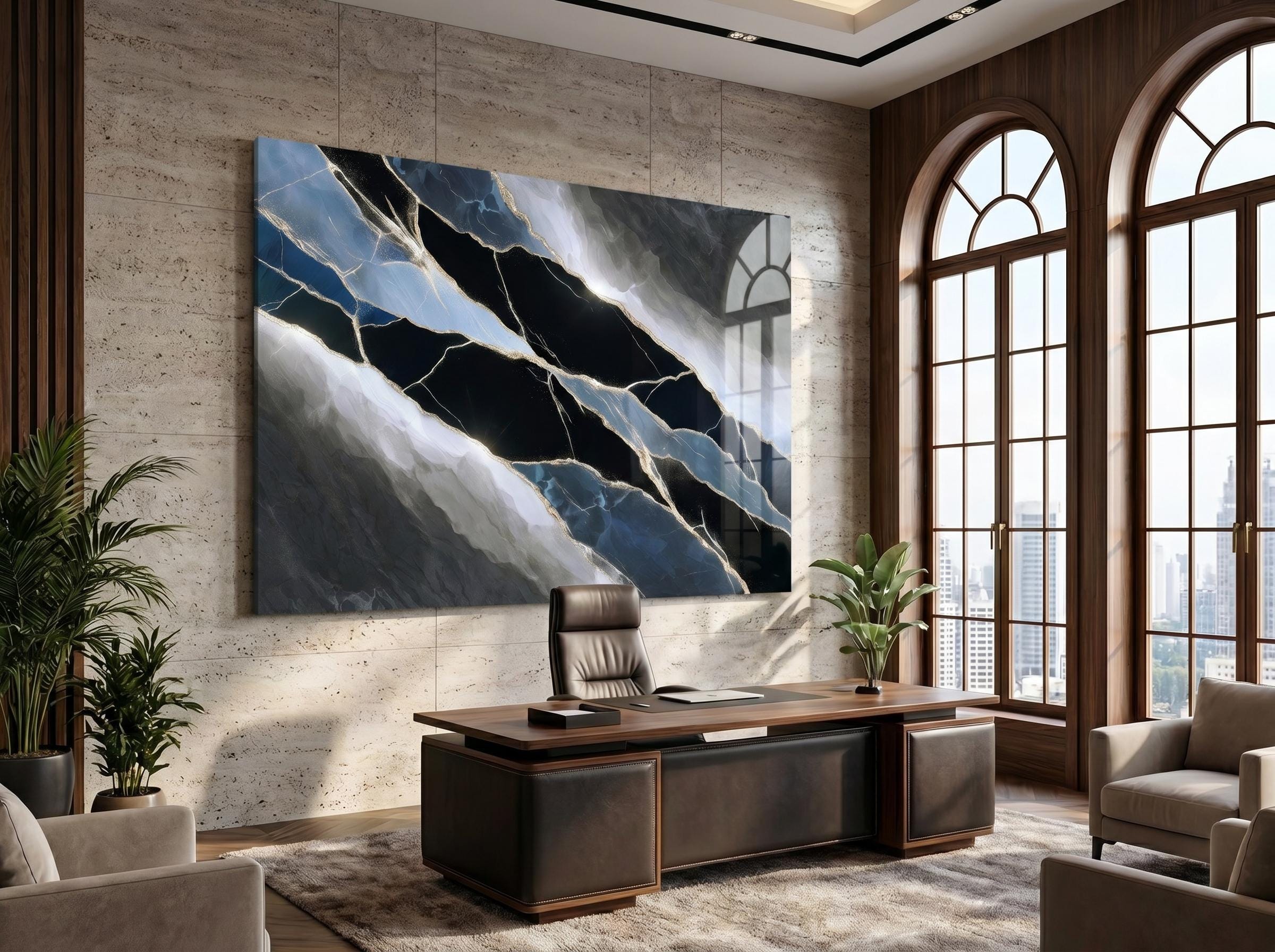 Midnight Quartz Meridian – Black Blue Crystal Acrylic Wall Art for Boardroom Decor