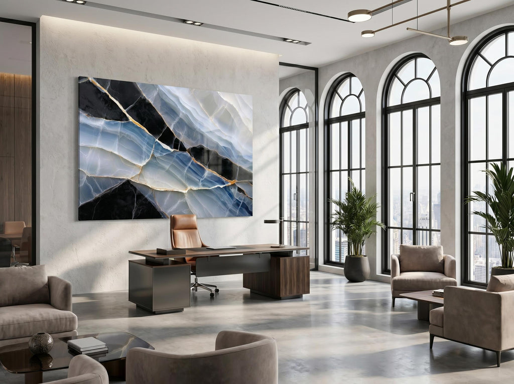 Sapphire Onyx Meridian – Crystal Acrylic Wall Art for Executive Office Decor