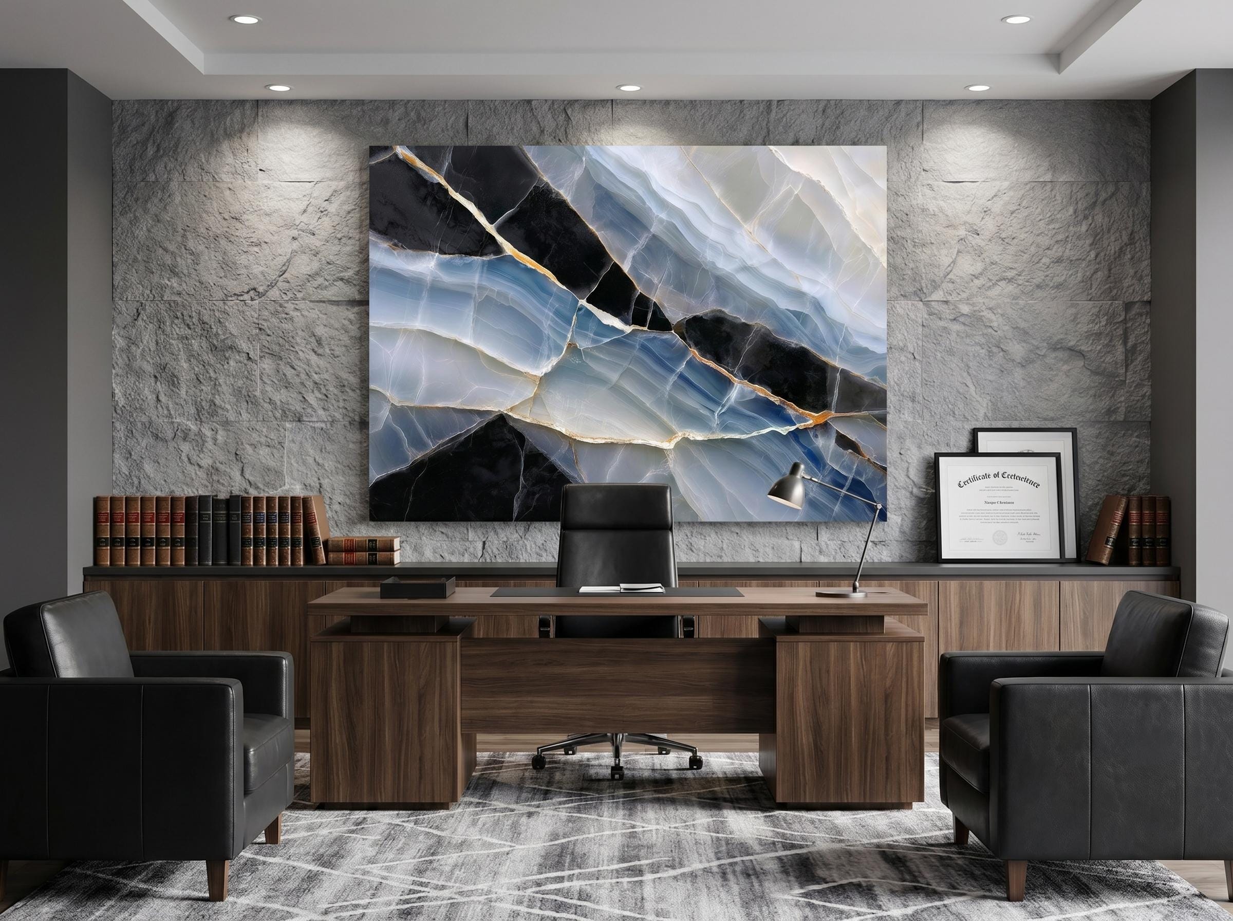 Sapphire Onyx Meridian – Crystal Acrylic Wall Art for Executive Office Decor