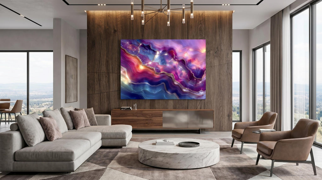 Violet Aurora Meridian Crystal AcrylGlass Wall Art, Purple Amethyst Abstract, Luxury 3D Glossy Panel