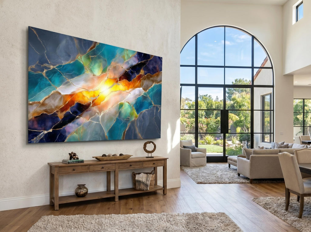Solar Teal Meridian – Luminous Gold Mineral Wall Art on Crystal Acrylic Glass