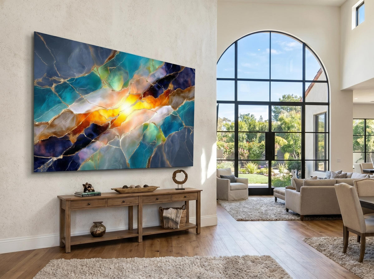 Solar Teal Meridian – Luminous Gold Mineral Wall Art on Crystal Acrylic Glass