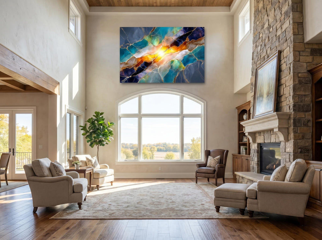 Solar Teal Meridian – Luminous Gold Mineral Wall Art on Crystal Acrylic Glass