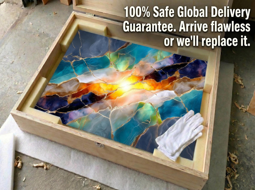 Solar Teal Meridian – Luminous Gold Mineral Wall Art on Crystal Acrylic Glass