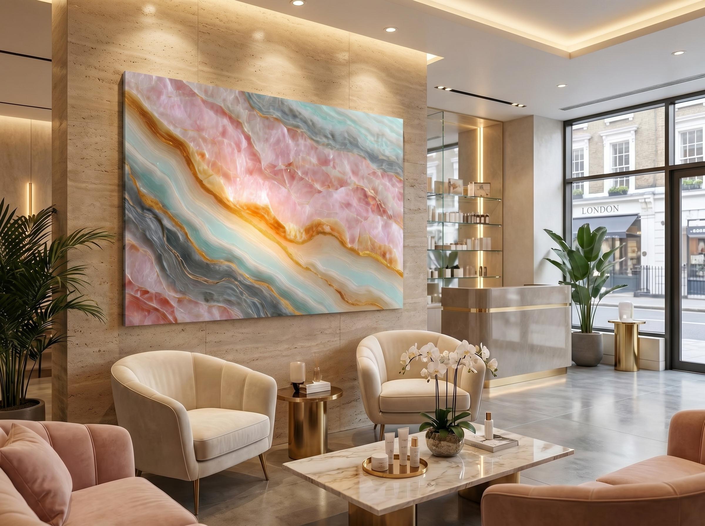 Blush Aqua Meridian Crystal AcrylGlass Wall Art, MedSpa and Beauty Clinic Decor