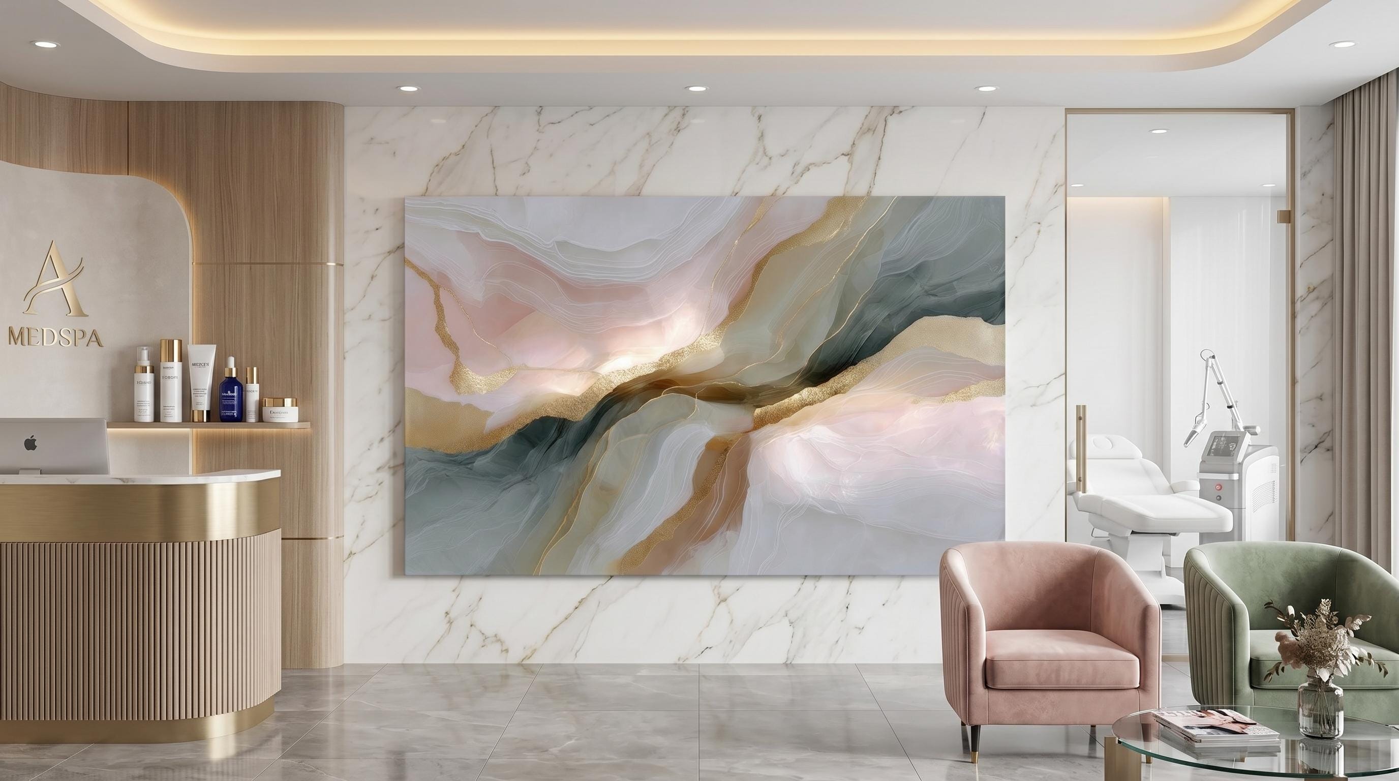 Champagne Mist Crystal AcrylGlass Wall Art, Luxury Spa and Wellness Reception Decor