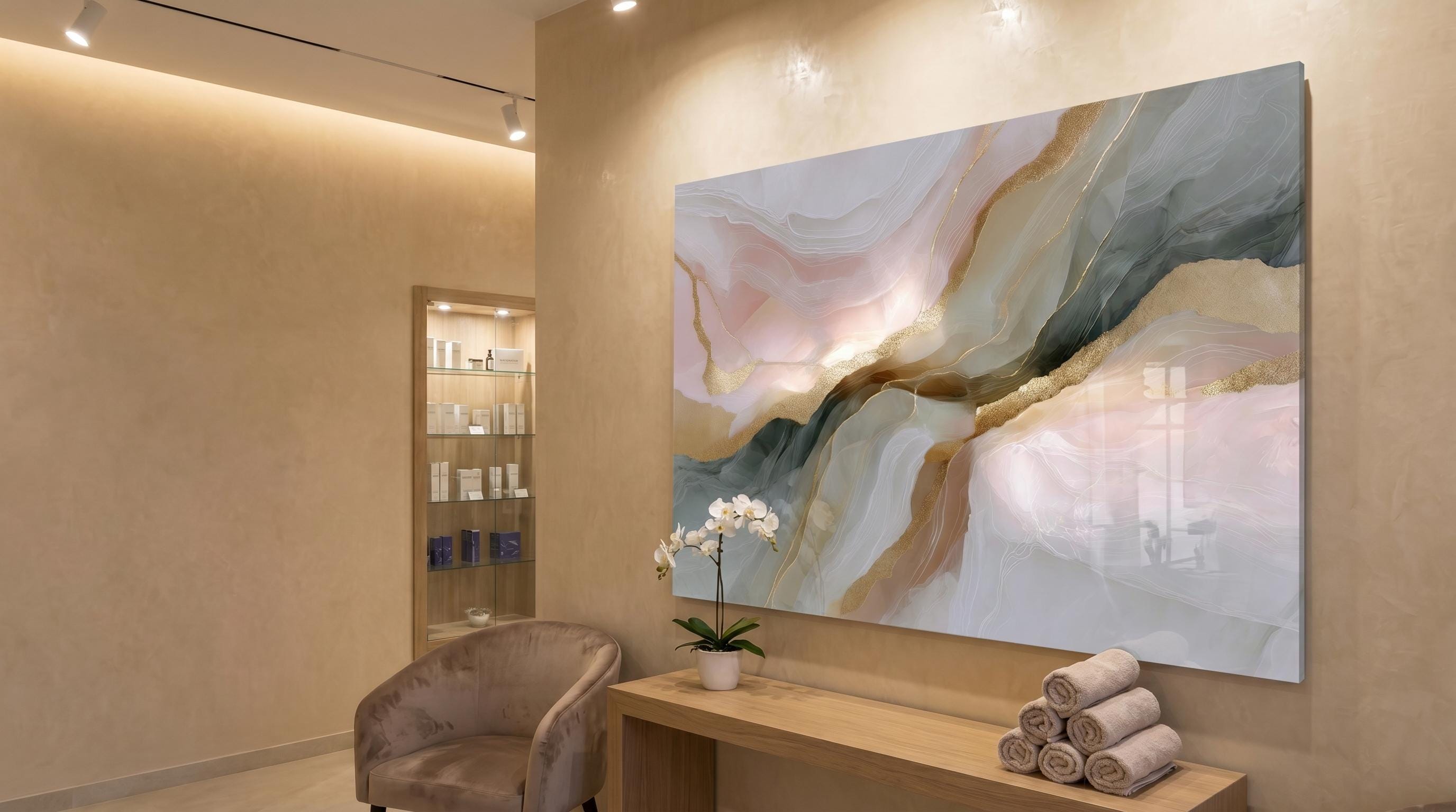 Champagne Mist Crystal AcrylGlass Wall Art, Luxury Spa and Wellness Reception Decor