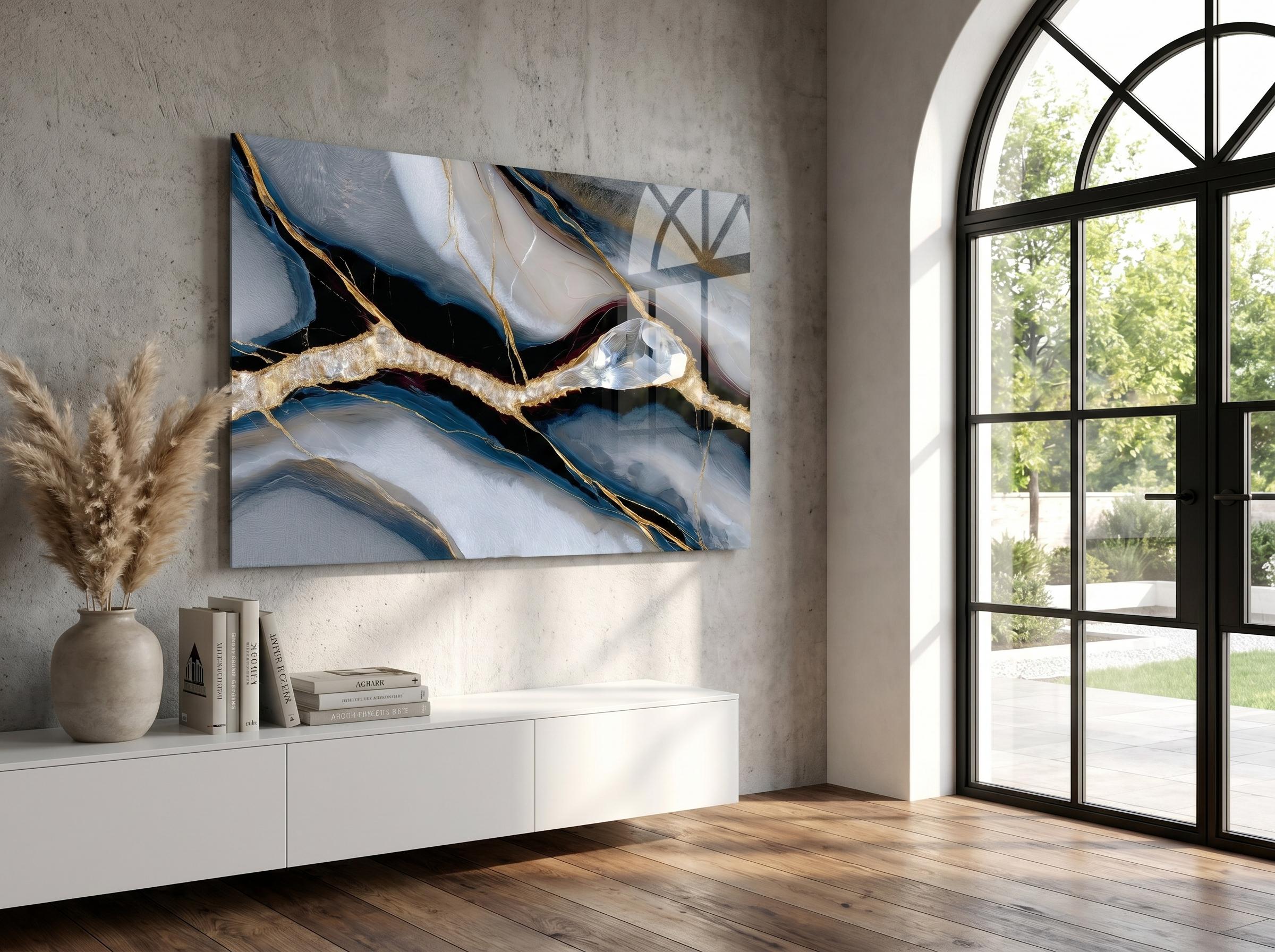 Noir Azure Vein Acrylic Glass Wall Art, Blue Gold Abstract Luxury Office Wall Decor
