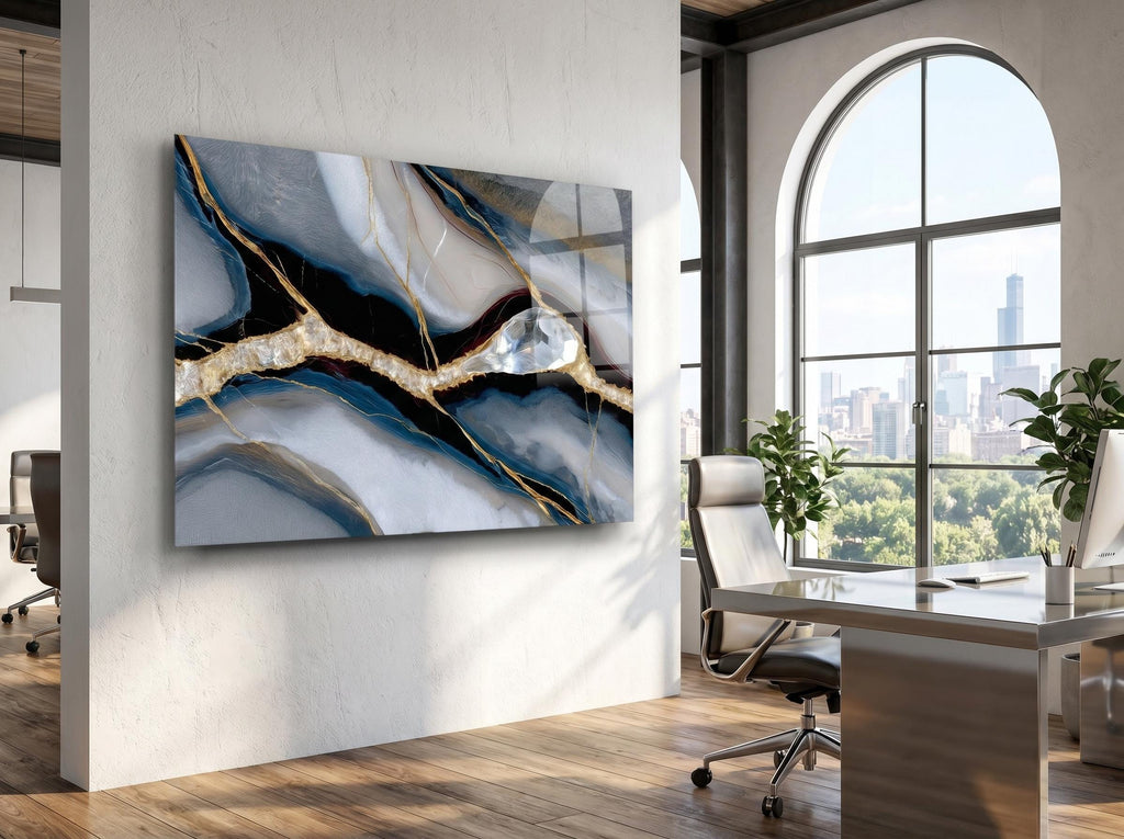 Noir Azure Vein Acrylic Glass Wall Art, Blue Gold Abstract Luxury Office Wall Decor