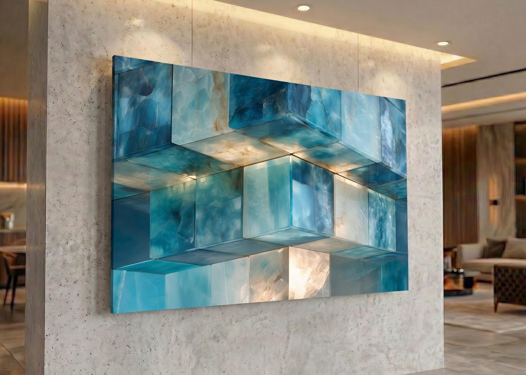 Aqua Prism Ascent Acrylic Glass Wall Art, Blue 3D Optical Illusion Wall Decor