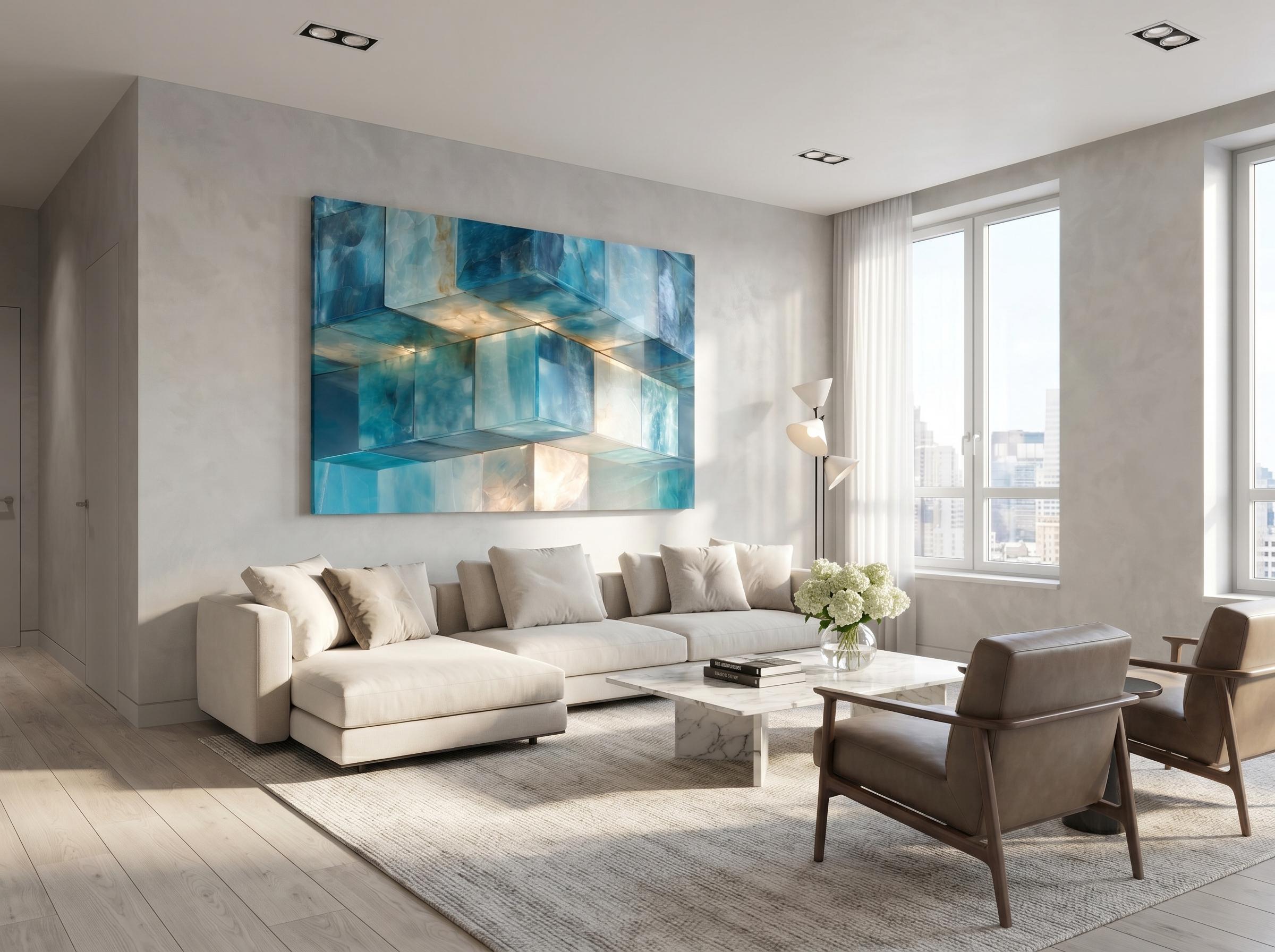 Aqua Prism Ascent Acrylic Glass Wall Art, Blue 3D Optical Illusion Wall Decor