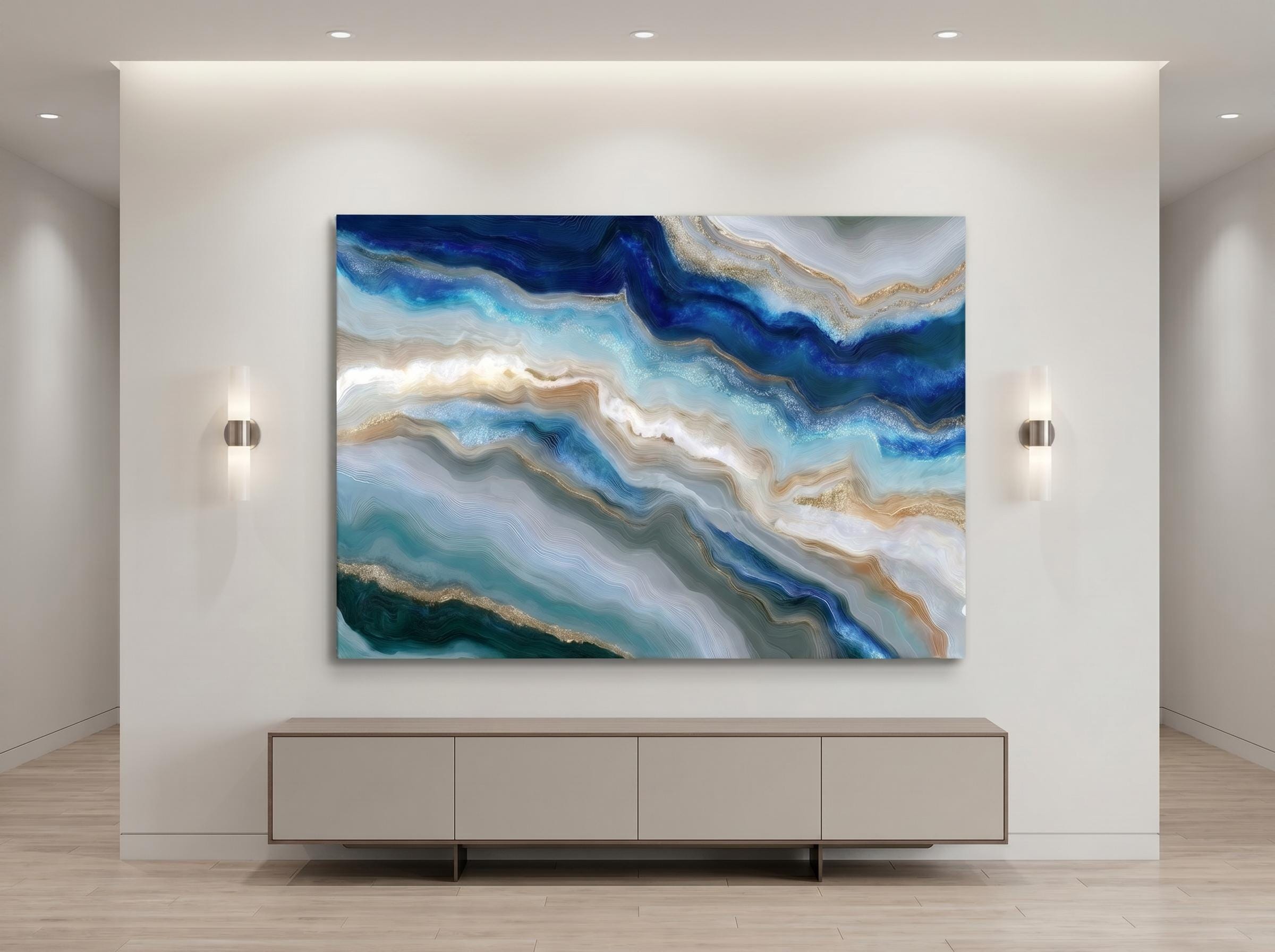 Aqua Navy Crystal AcrylGlass Wall Art, Luxury Spa and Wellness Clinic Decor