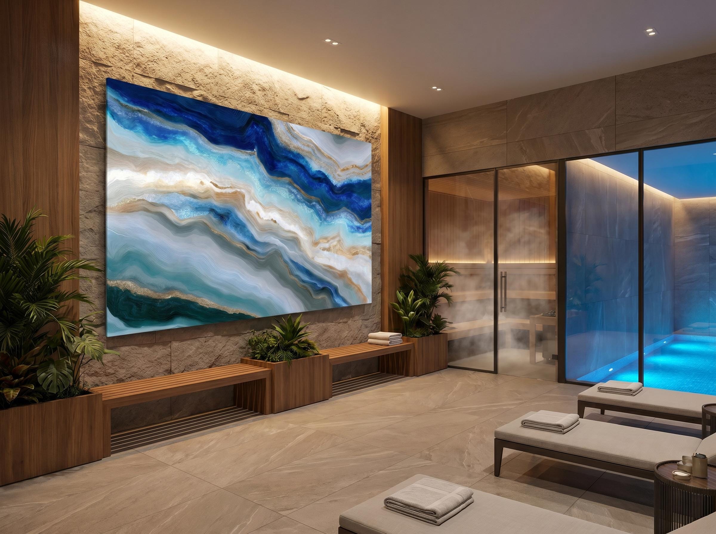 Aqua Navy Crystal AcrylGlass Wall Art, Luxury Spa and Wellness Clinic Decor