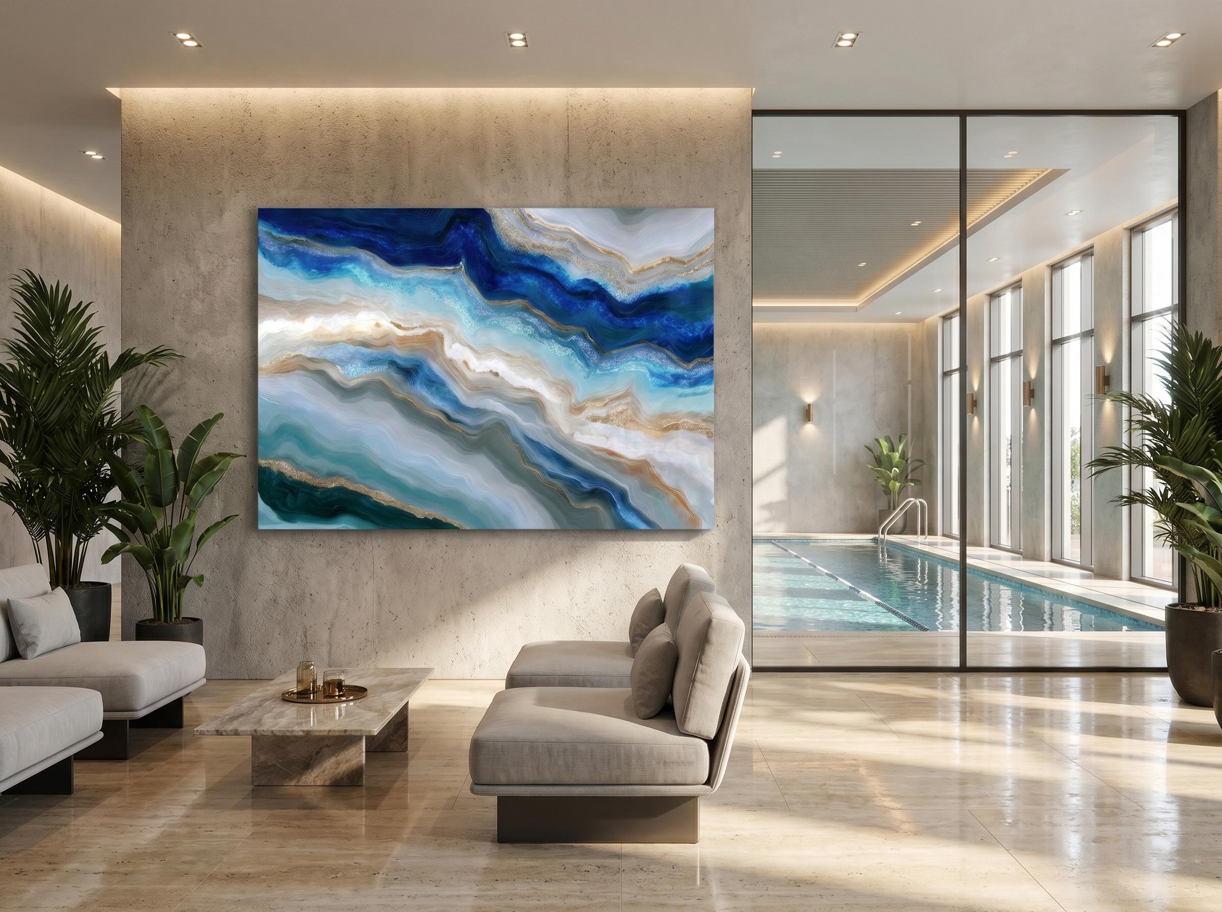 Aqua Navy Crystal AcrylGlass Wall Art, Luxury Spa and Wellness Clinic Decor