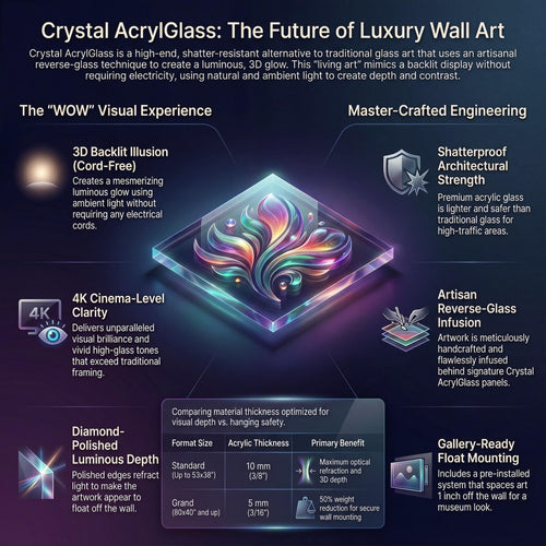 3D Acrylic Wall Art "CrystalForge" – Oversized Panoramic Above Bed Decor with Light Play Effect