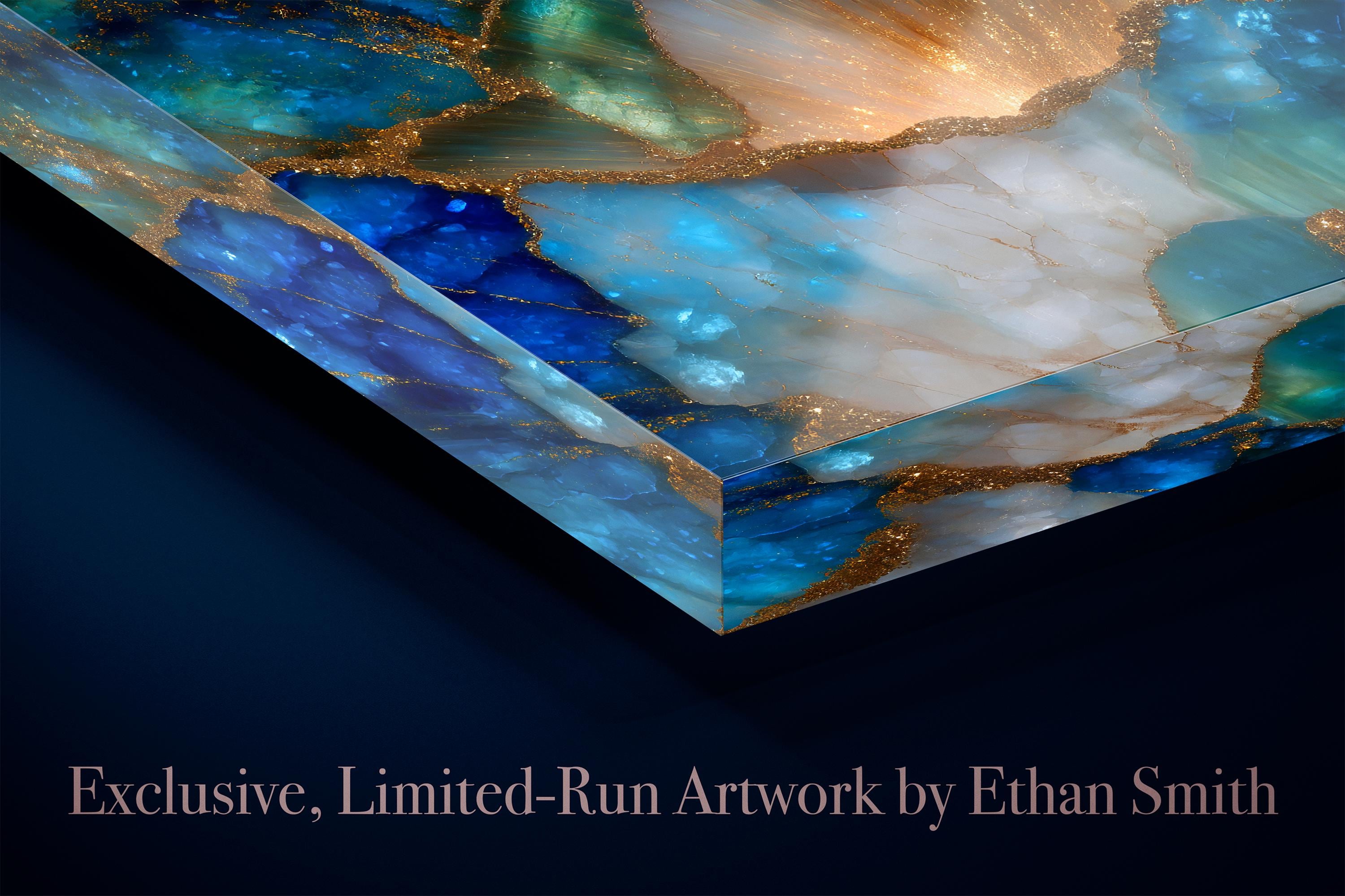 Elysian Bloom – Blue Gold Floral Crystal Acrylic Wall Art for Luxury Living Room