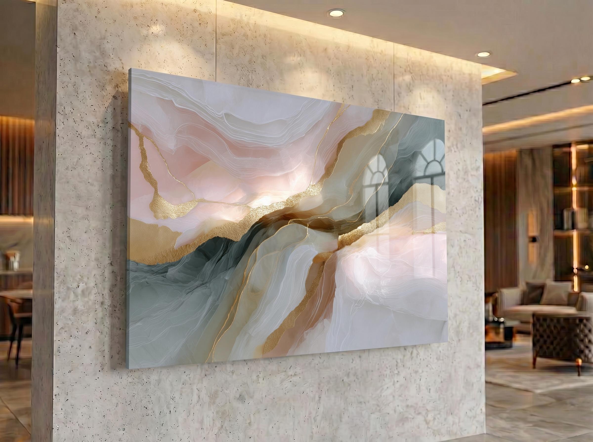 Champagne Mist Crystal AcrylGlass Wall Art, Luxury Spa and Wellness Reception Decor