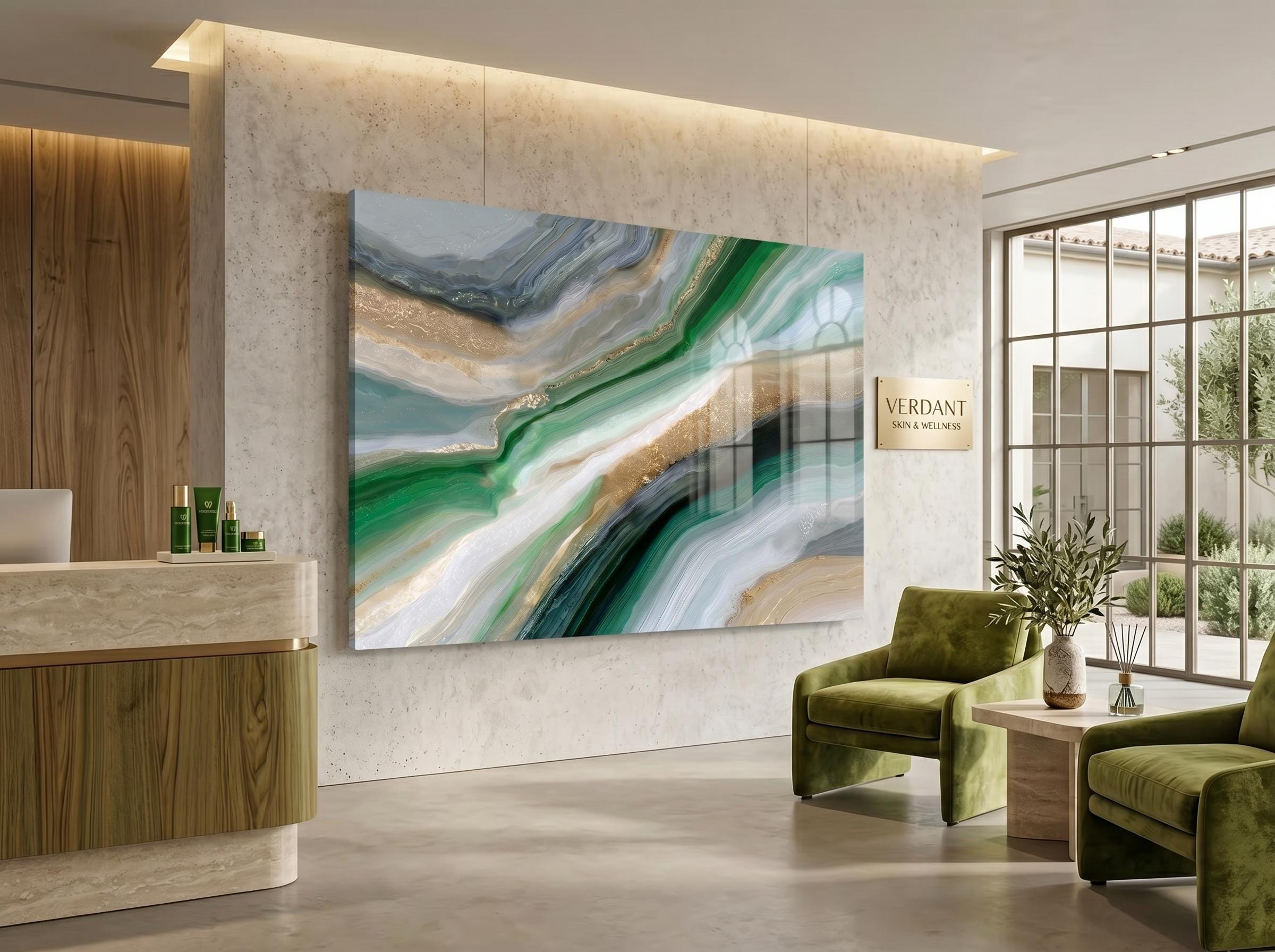 Jade Onyx Serenity Crystal AcrylGlass Wall Art, Luxury Spa and Wellness Clinic Decor