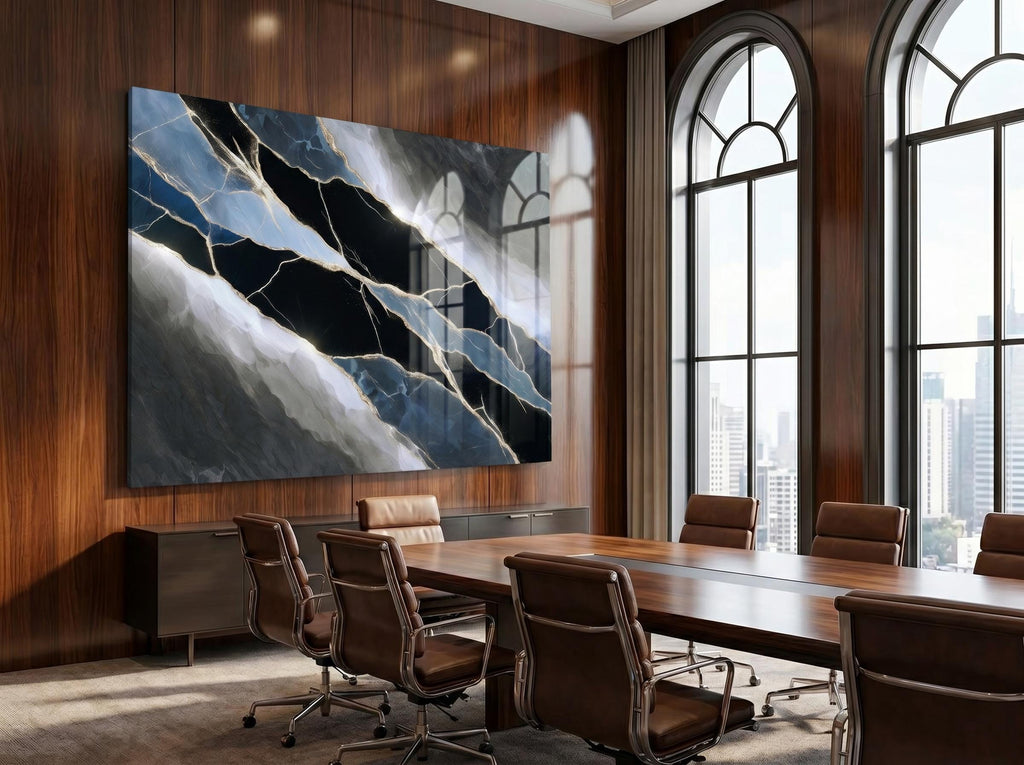 Midnight Quartz Meridian – Black Blue Crystal Acrylic Wall Art for Boardroom Decor