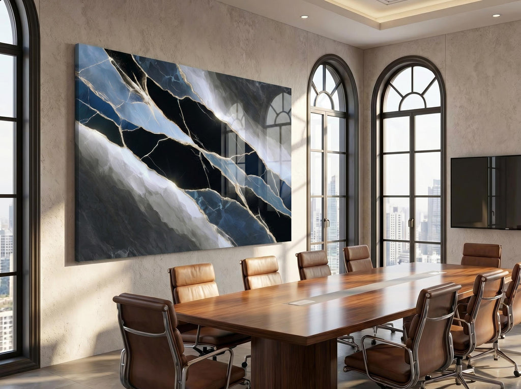Midnight Quartz Meridian – Black Blue Crystal Acrylic Wall Art for Boardroom Decor