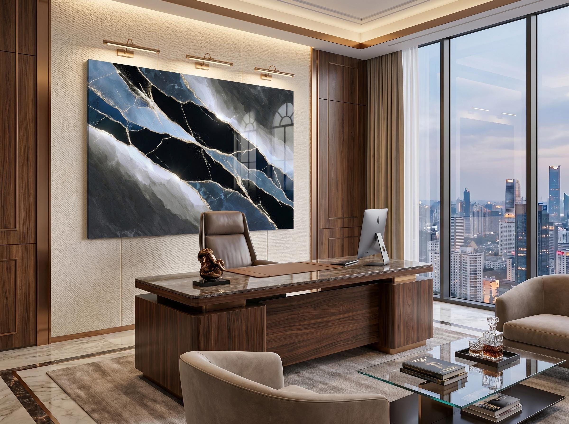 Midnight Quartz Meridian – Black Blue Crystal Acrylic Wall Art for Boardroom Decor