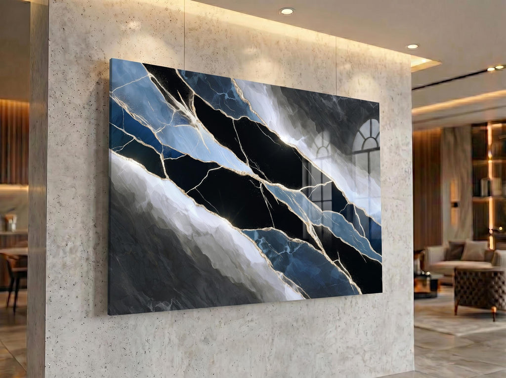 Midnight Quartz Meridian – Black Blue Crystal Acrylic Wall Art for Boardroom Decor