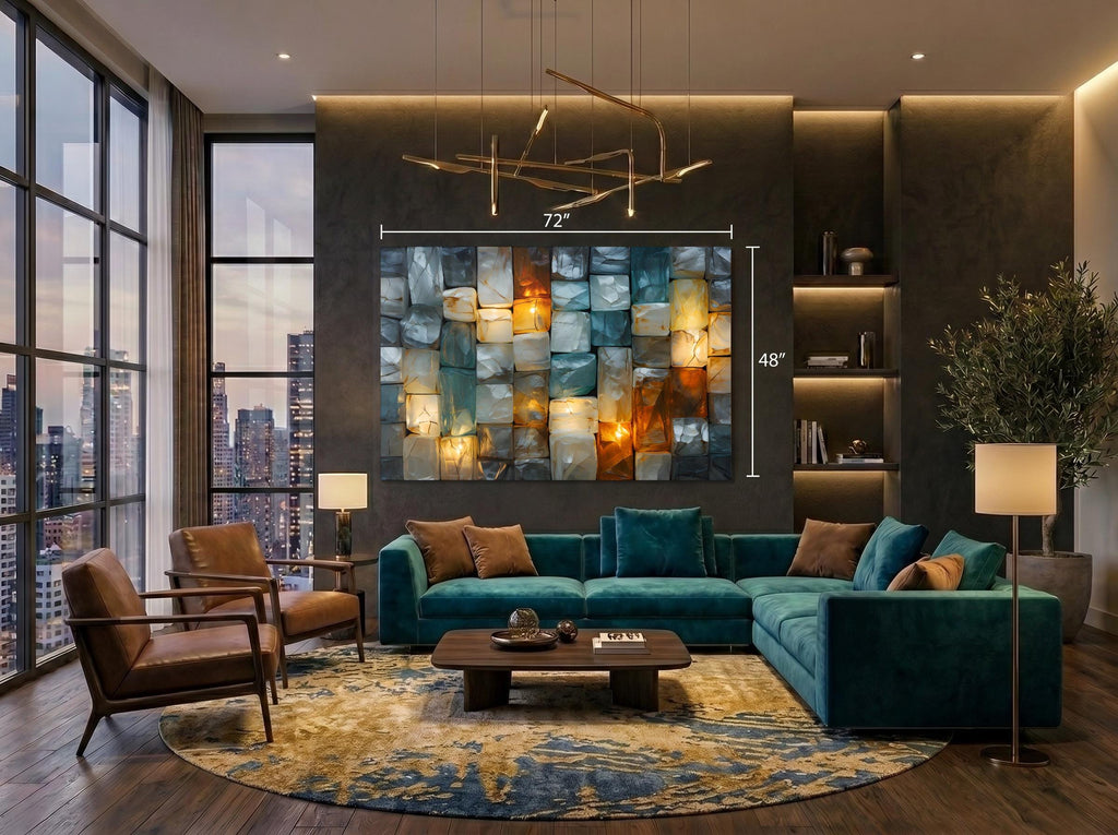 Ethereal Glow Acrylic Glass Wall Art: Teal Turquoise Amber Mosaic