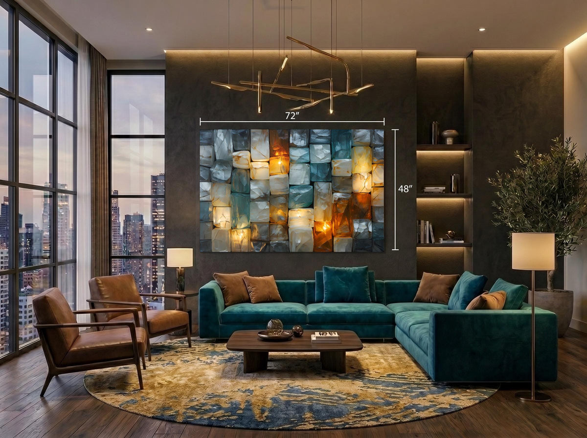 Ethereal Glow Acrylic Glass Wall Art: Teal Turquoise Amber Mosaic