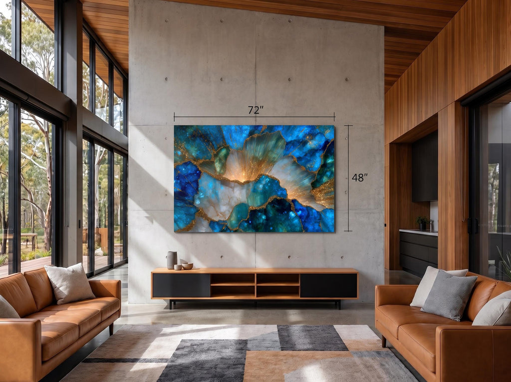 Elysian Bloom – Blue Gold Floral Crystal Acrylic Wall Art for Luxury Living Room