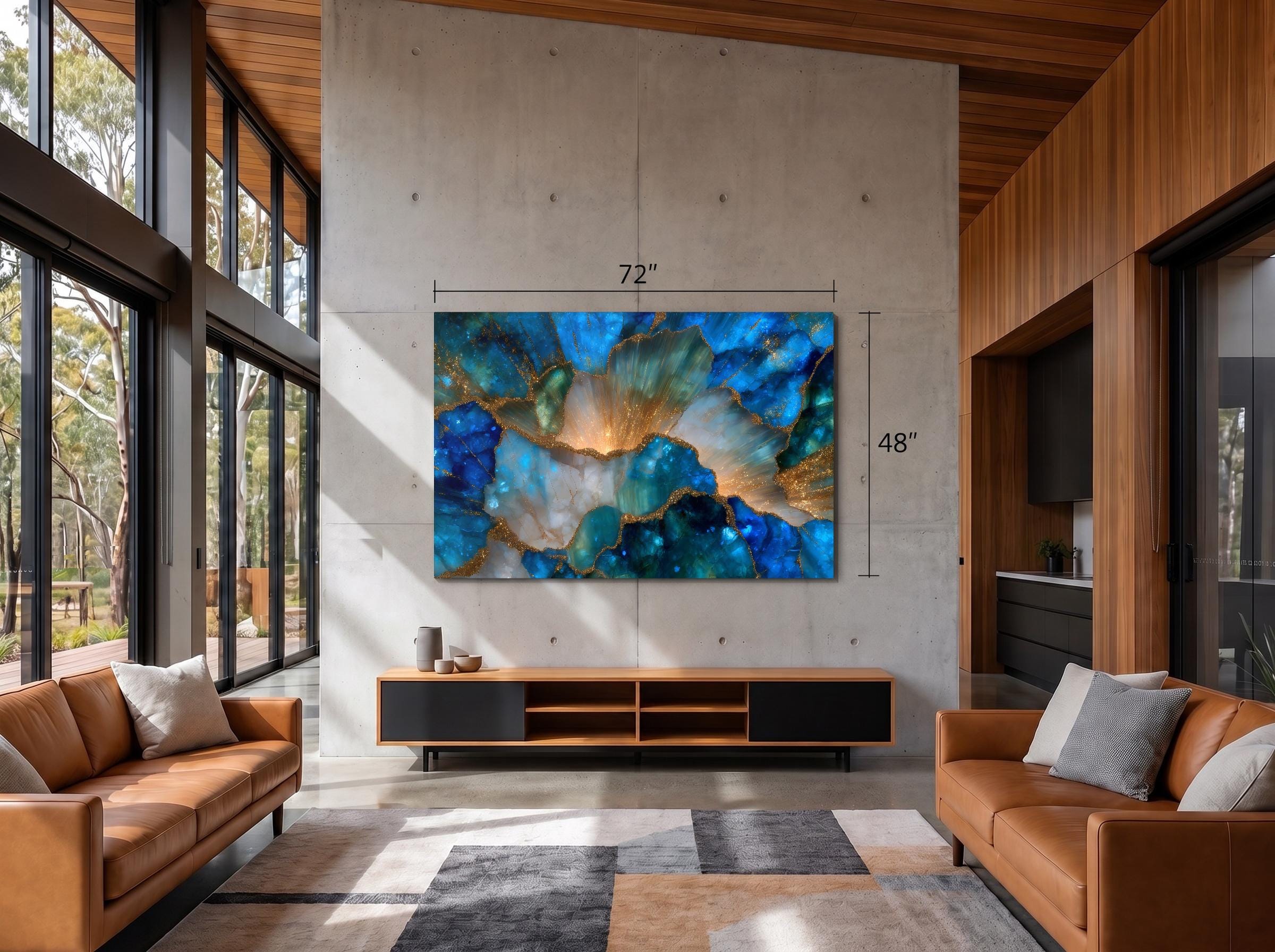 Elysian Bloom – Blue Gold Floral Crystal Acrylic Wall Art for Luxury Living Room