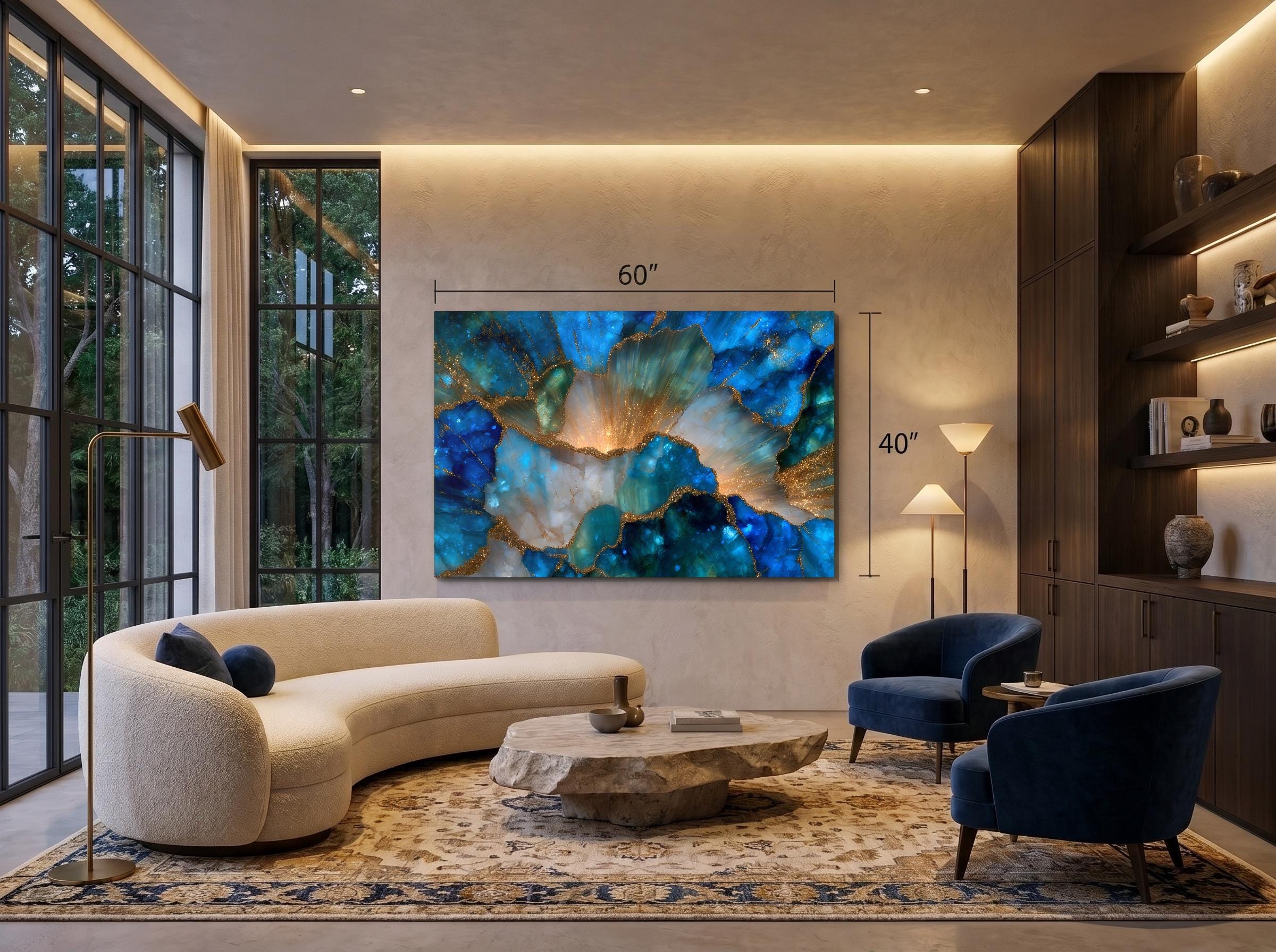 Elysian Bloom – Blue Gold Floral Crystal Acrylic Wall Art for Luxury Living Room