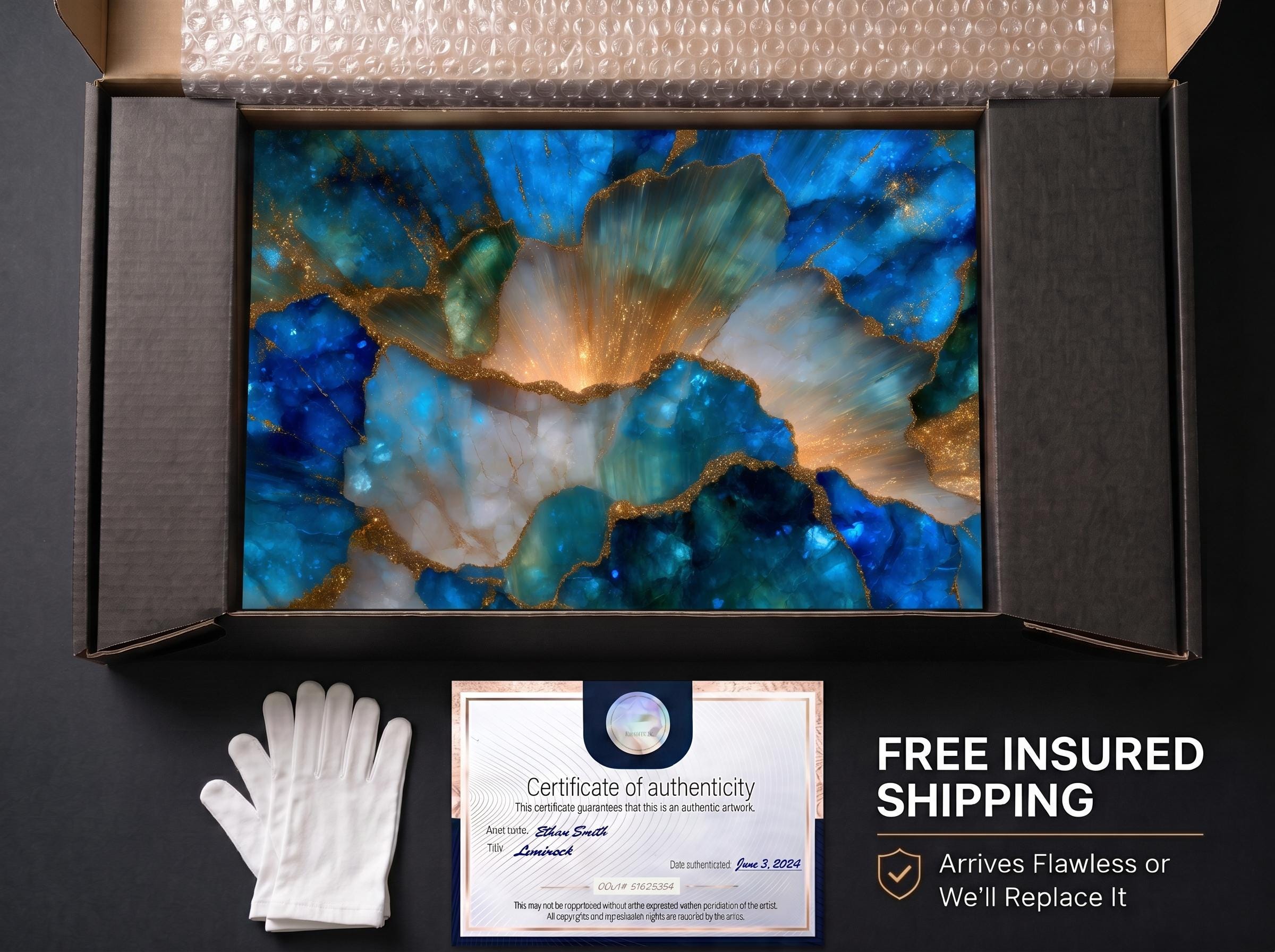 Elysian Bloom – Blue Gold Floral Crystal Acrylic Wall Art for Luxury Living Room