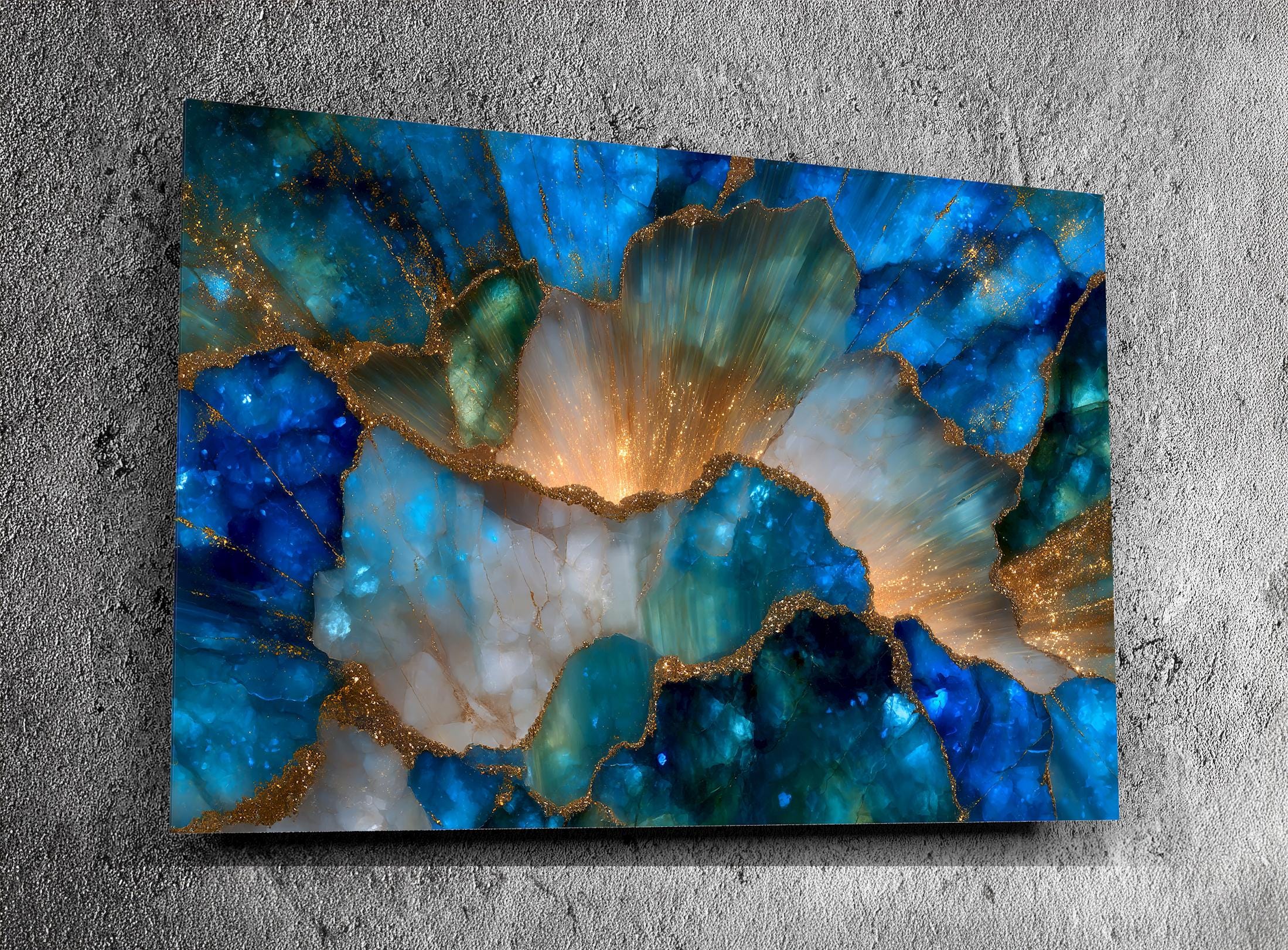 Elysian Bloom – Blue Gold Floral Crystal Acrylic Wall Art for Luxury Living Room