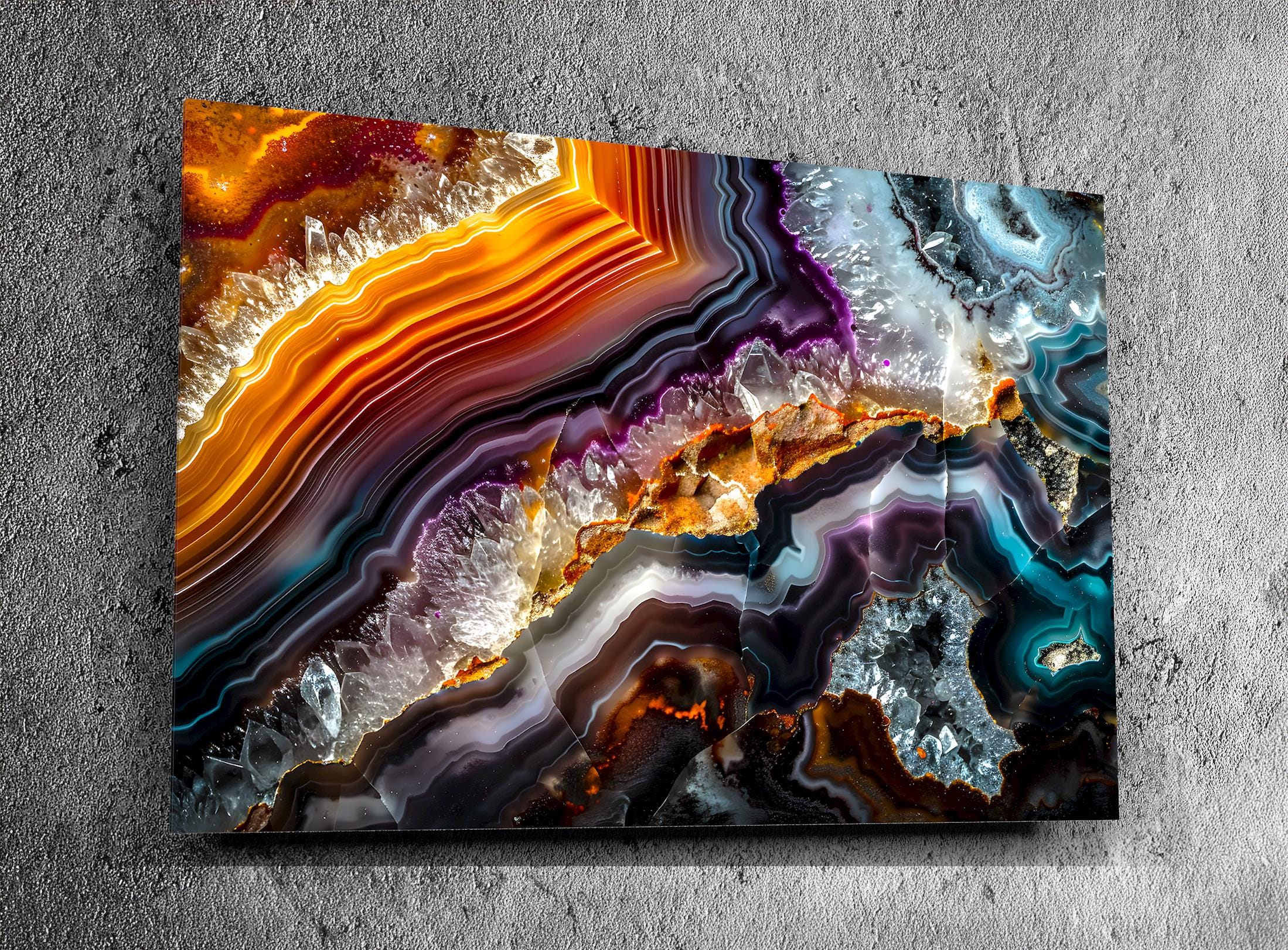 Geode Luxfire AcrylGlass Wall Art: Luminous Agate, Brushed Gold Accents