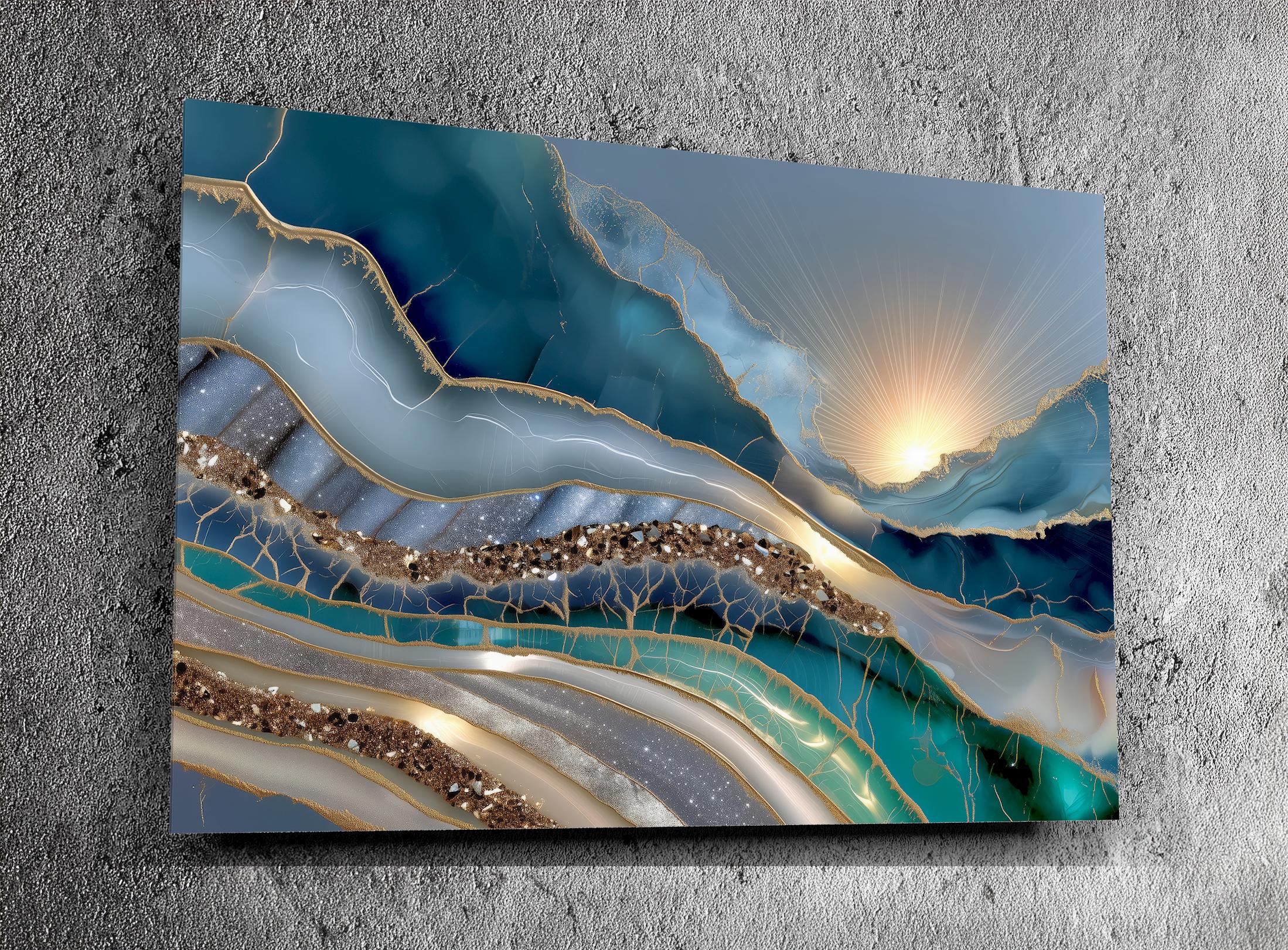 Stardust Azure Crystal AcrylGlass Wall Art – Blue Gold Abstract Artwork