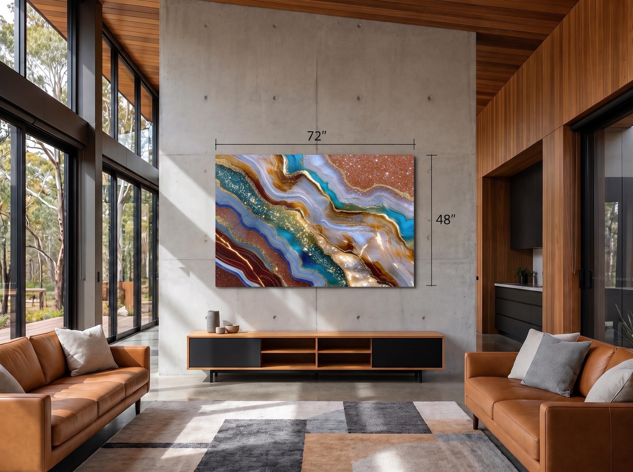 Celestial Druzy Crystal AcrylGlass Wall Art: Luminous Blue & Bronze Stone Statement Art