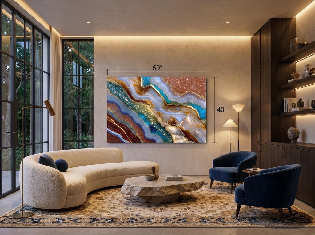 Celestial Druzy Crystal AcrylGlass Wall Art: Luminous Blue & Bronze Stone Statement Art