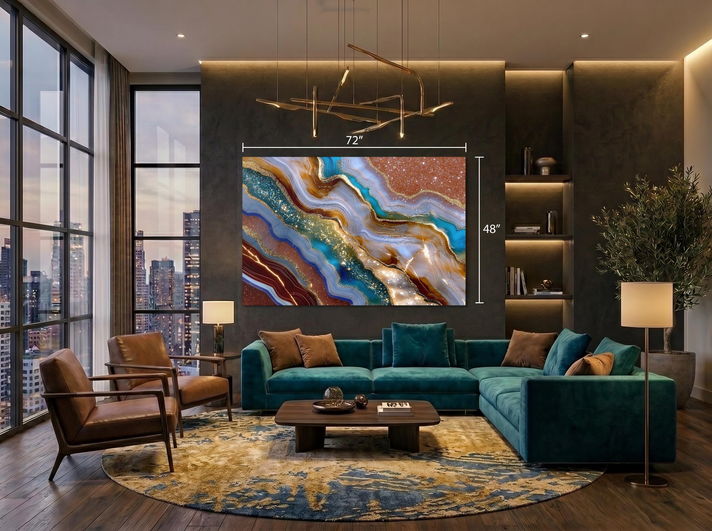 Celestial Druzy Crystal AcrylGlass Wall Art: Luminous Blue & Bronze Stone Statement Art