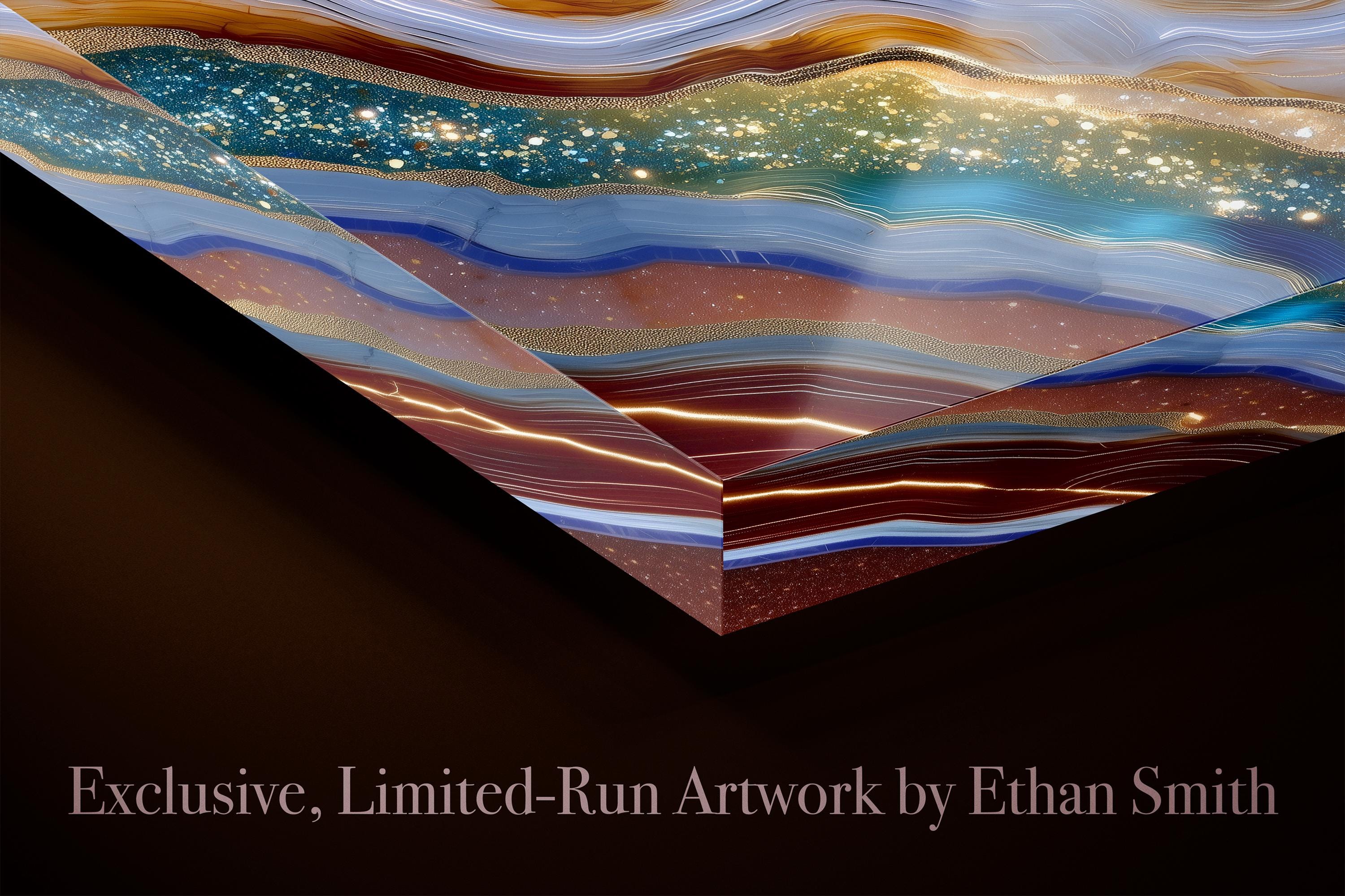 Celestial Druzy Crystal AcrylGlass Wall Art: Luminous Blue & Bronze Stone Statement Art