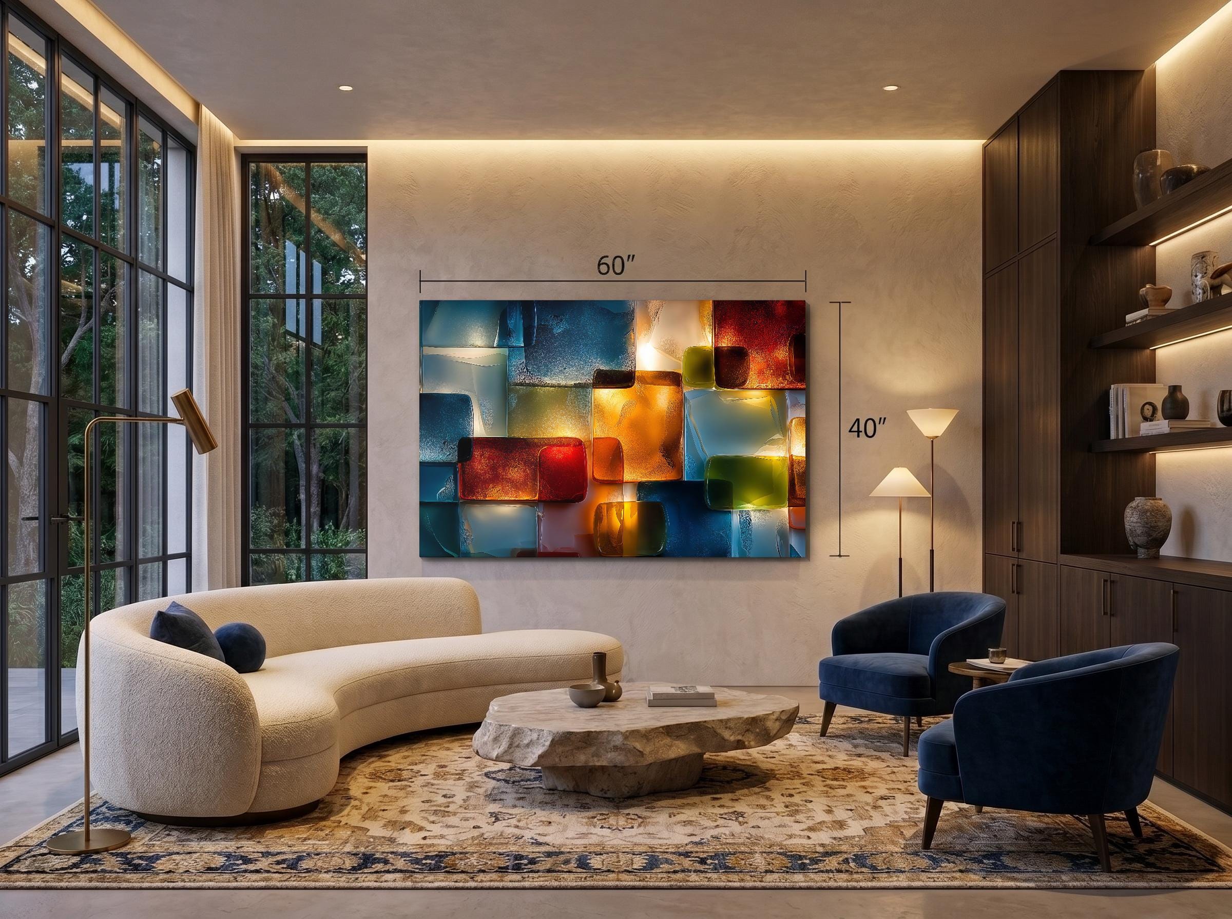Luminous Topaz & Sapphire Crystal AcrylGlass Wall Decor: Contemporary Art with 3D and Backlit illusion