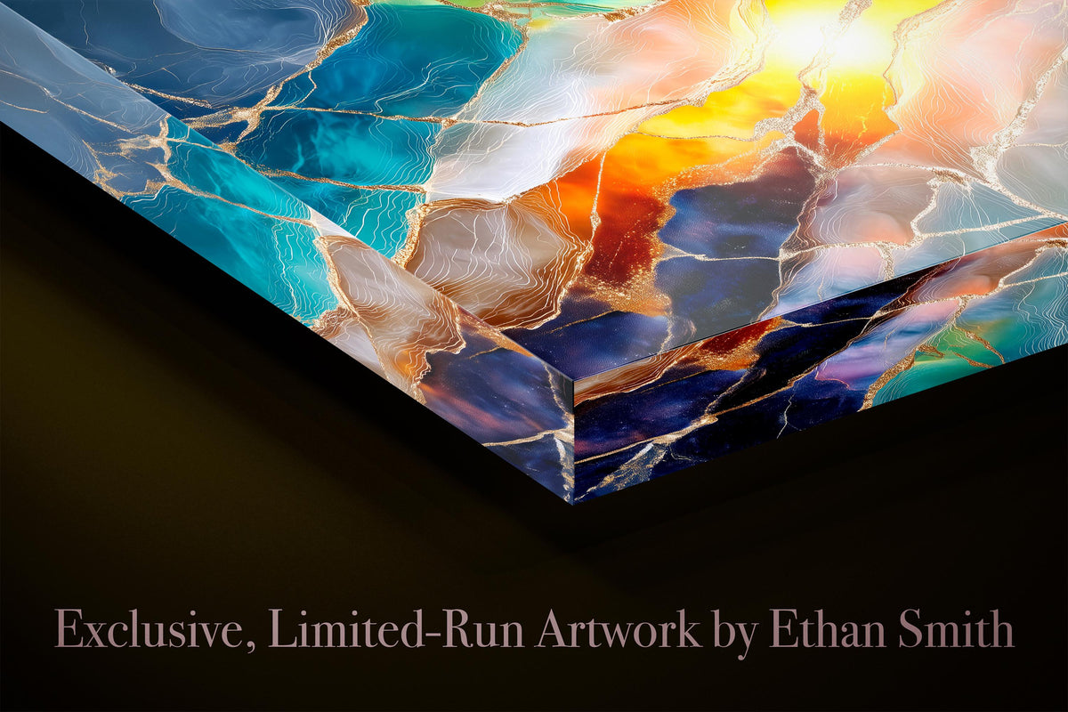 Solar Teal Meridian – Luminous Gold Mineral Wall Art on Crystal Acrylic Glass