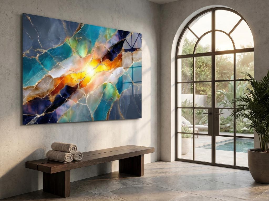 Solar Teal Meridian – Luminous Gold Mineral Wall Art on Crystal Acrylic Glass